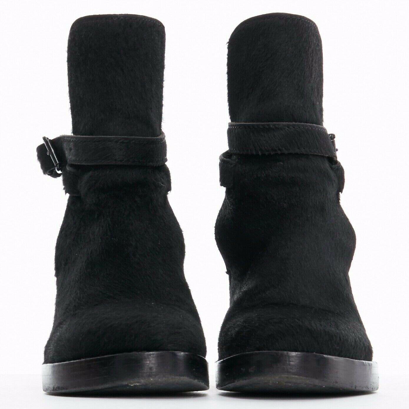 Black ANN DEMEULEMEESTER pony skin belted platform ankle boots shoes EU36 US6 UK3