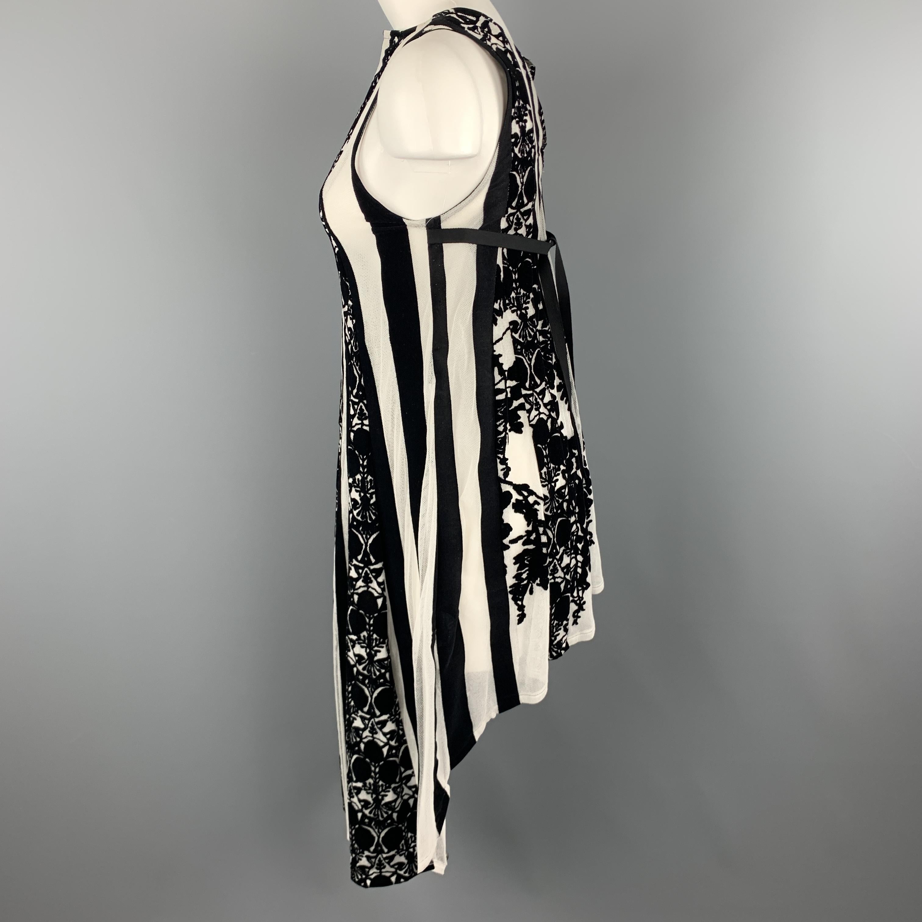 Women's ANN DEMEULEMEESTER Size 4 Black & White Floral Mesh Stripe High Low Dress