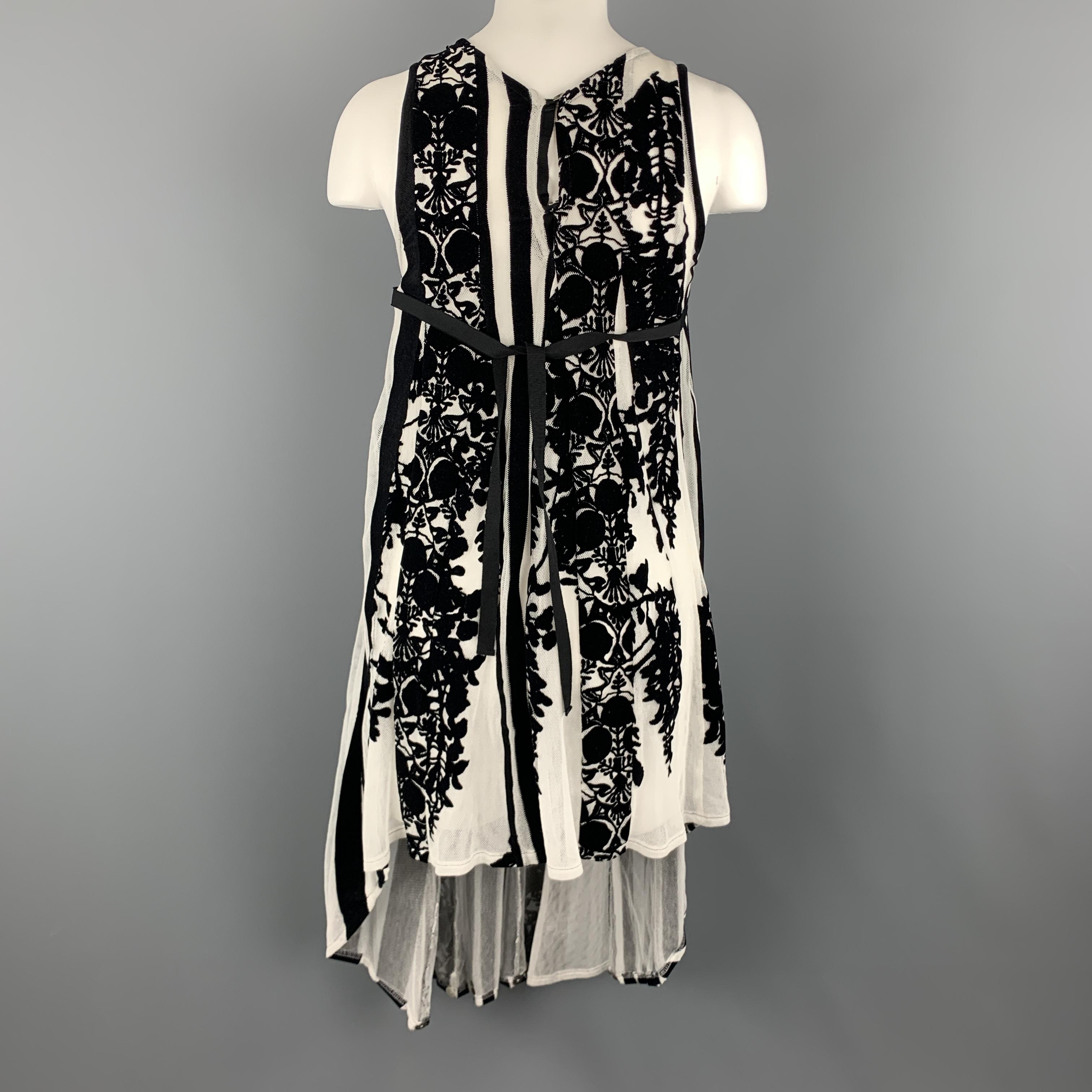 ANN DEMEULEMEESTER Size 4 Black & White Floral Mesh Stripe High Low Dress 1