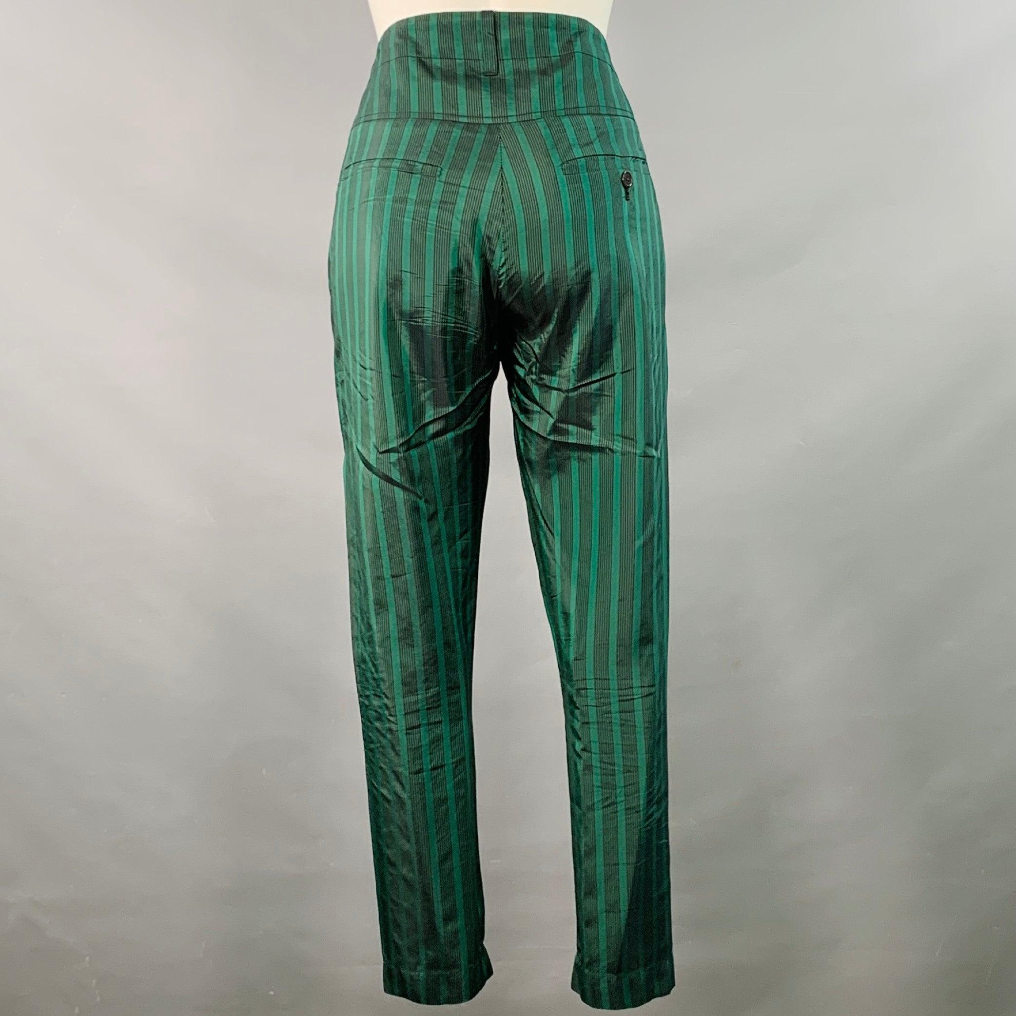 ANN DEMEULEMEESTER Größe 6 Grün Schwarz Cupro Stripe Flat Front Dress Pants im Zustand „Hervorragend“ im Angebot in San Francisco, CA