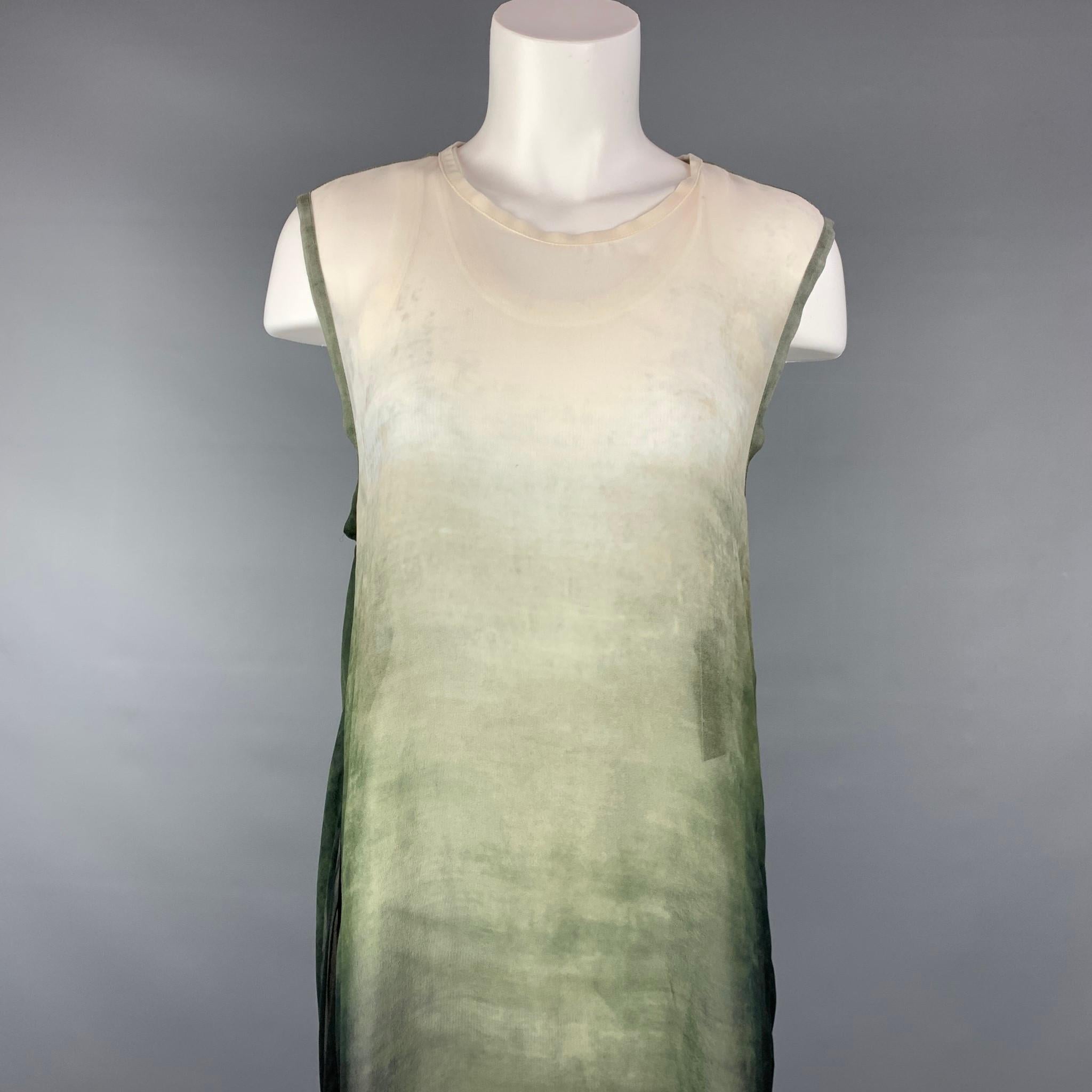 ANN DEMEULEMEESTER dress comes in a green & white ombre modal / cashmere with a white tank top liner featuring a ruched back, sleeveless, and a back buttoned closure. 

Very Good Pre-Owned Condition.
Marked: 36

Measurements:

Shoulder: 16 in.
Bust: