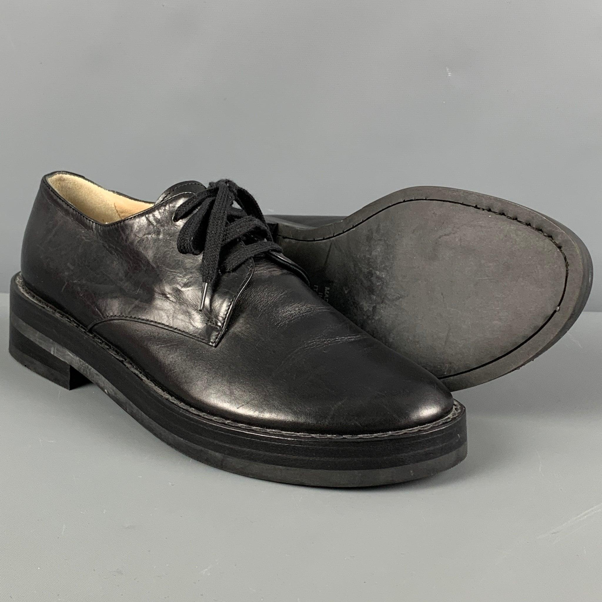 ANN DEMEULEMEESTER Size 7.5 Black Leather Platform Lace Up Shoes In Good Condition For Sale In San Francisco, CA