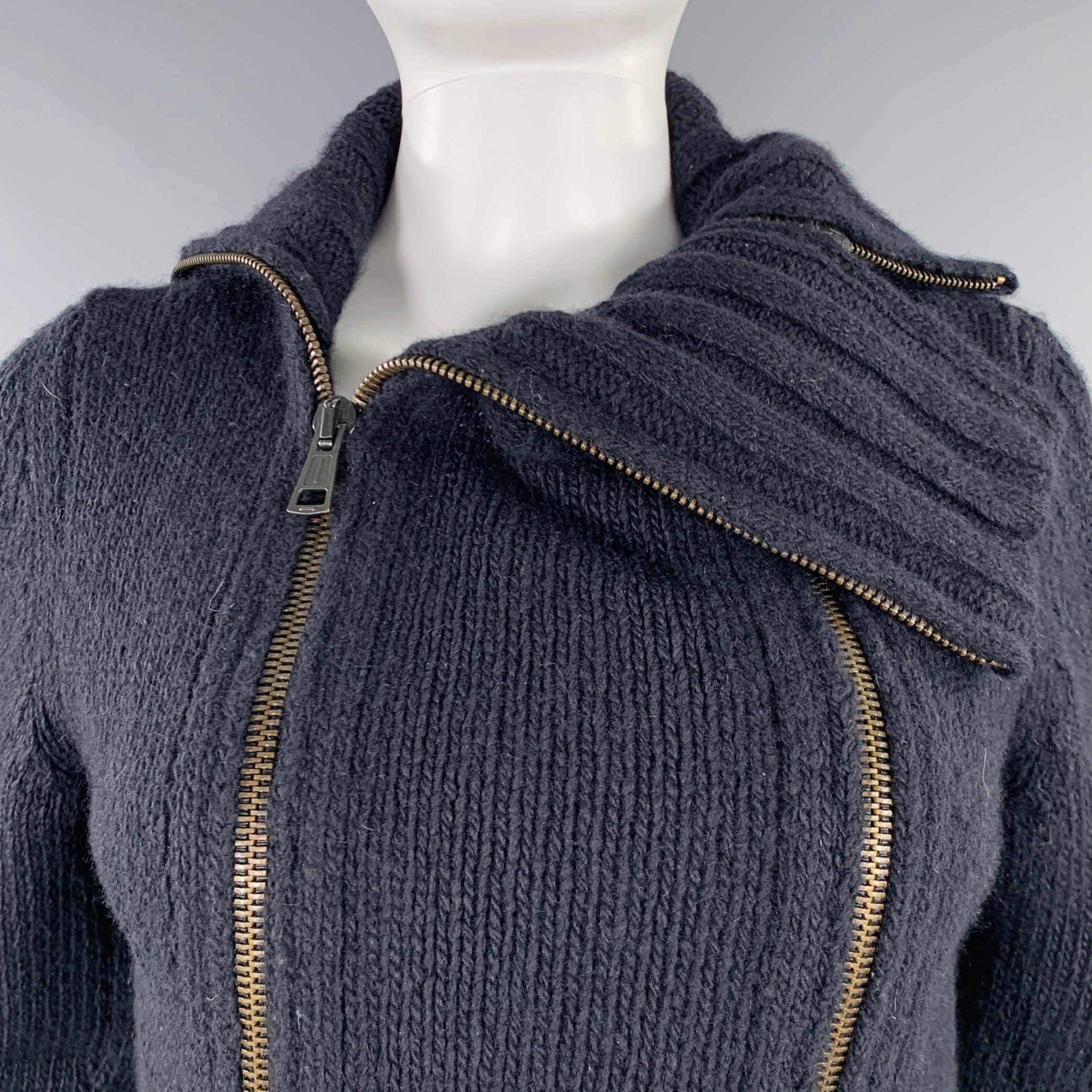 ANN DEMEULEMEESTER Size 8 Black Merino Wool Angora Double Zipper Cardigan In Good Condition In San Francisco, CA