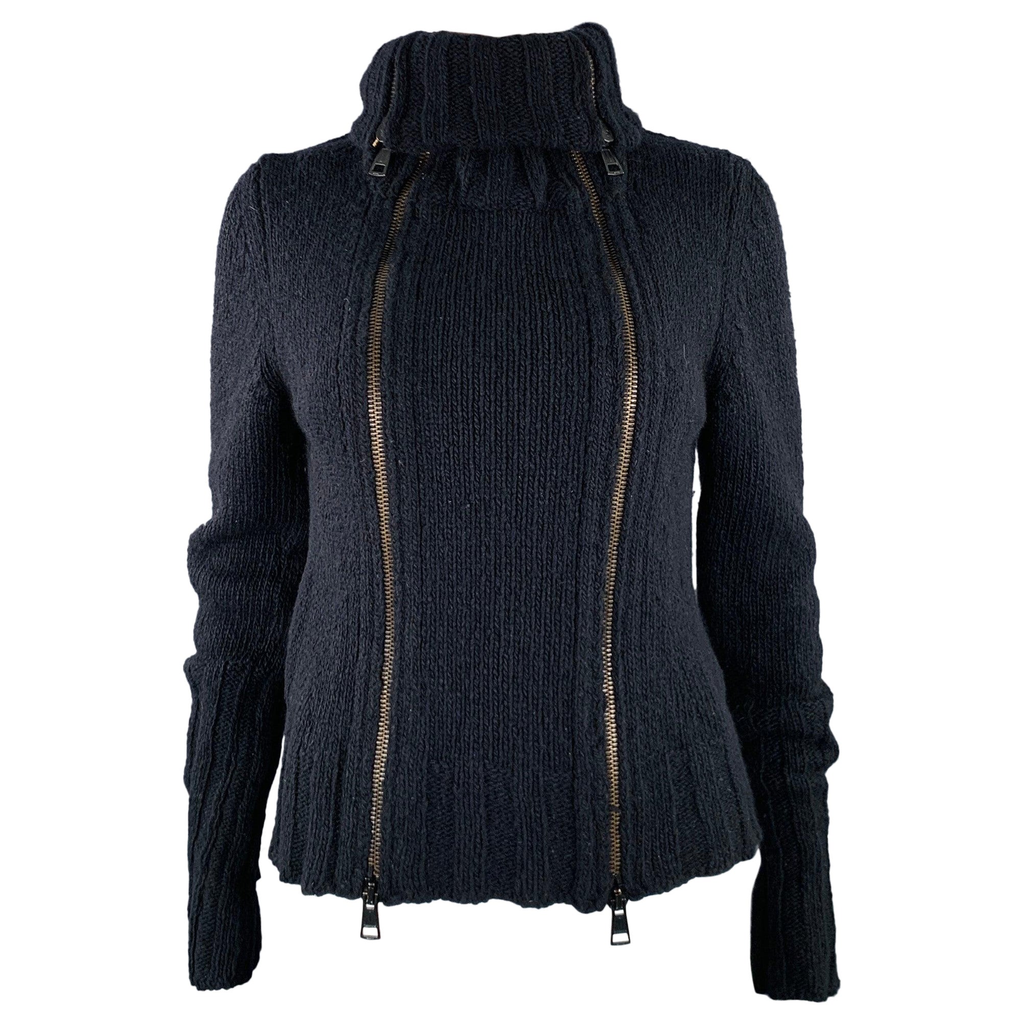 ANN DEMEULEMEESTER Size 8 Black Merino Wool Angora Double Zipper Cardigan