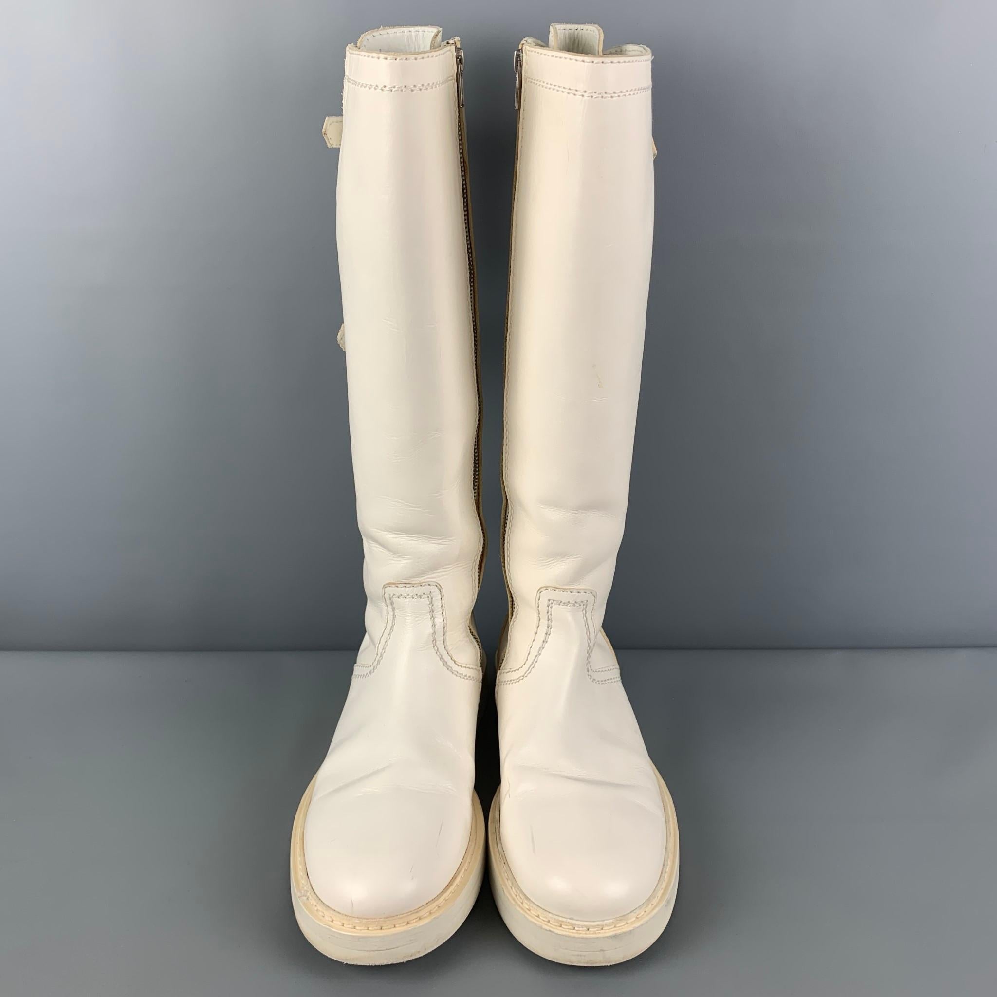 ANN DEMEULEMEESTER Size 8 White Leather Back Buckle Straps Boots In Good Condition In San Francisco, CA