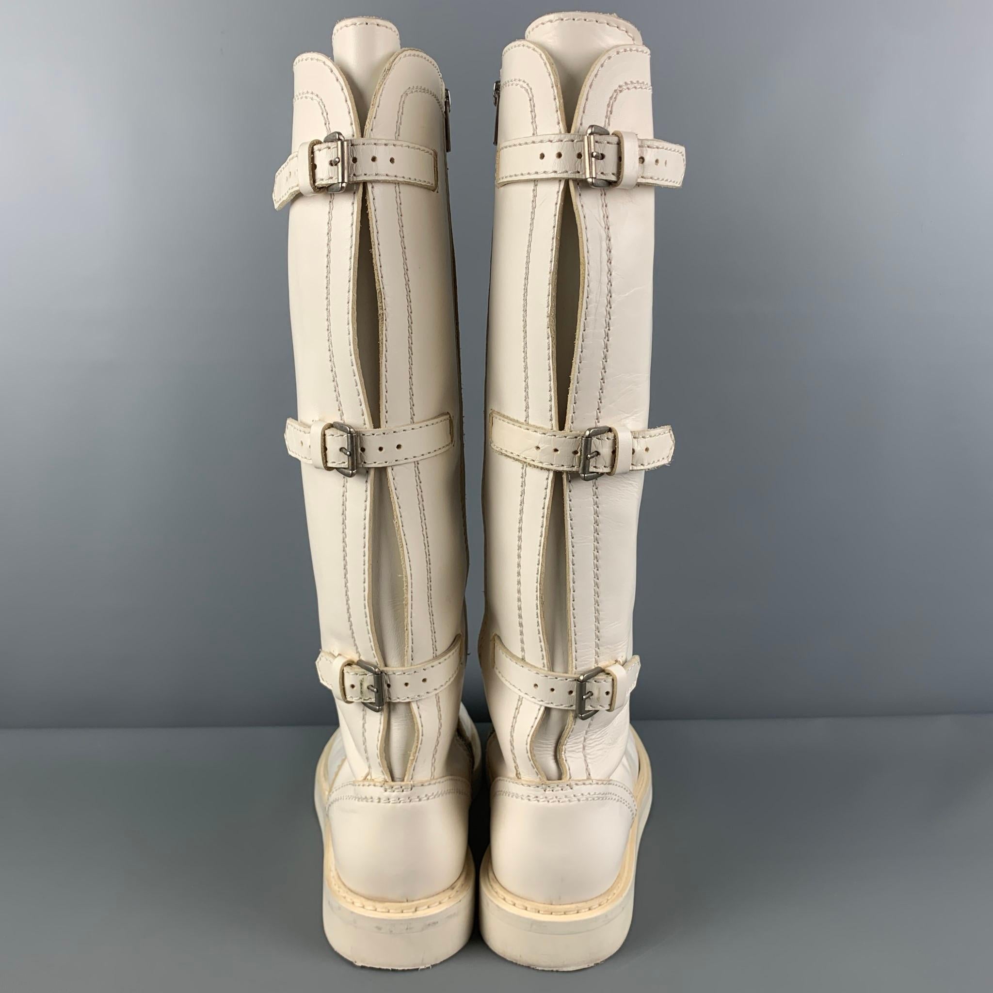 Men's ANN DEMEULEMEESTER Size 8 White Leather Back Buckle Straps Boots