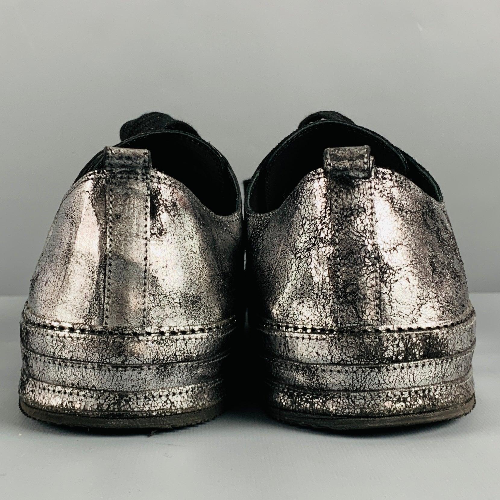 ANN DEMEULEMEESTER Size 9 Silver Black Metallic Leather Lace Up Sneakers In Good Condition For Sale In San Francisco, CA