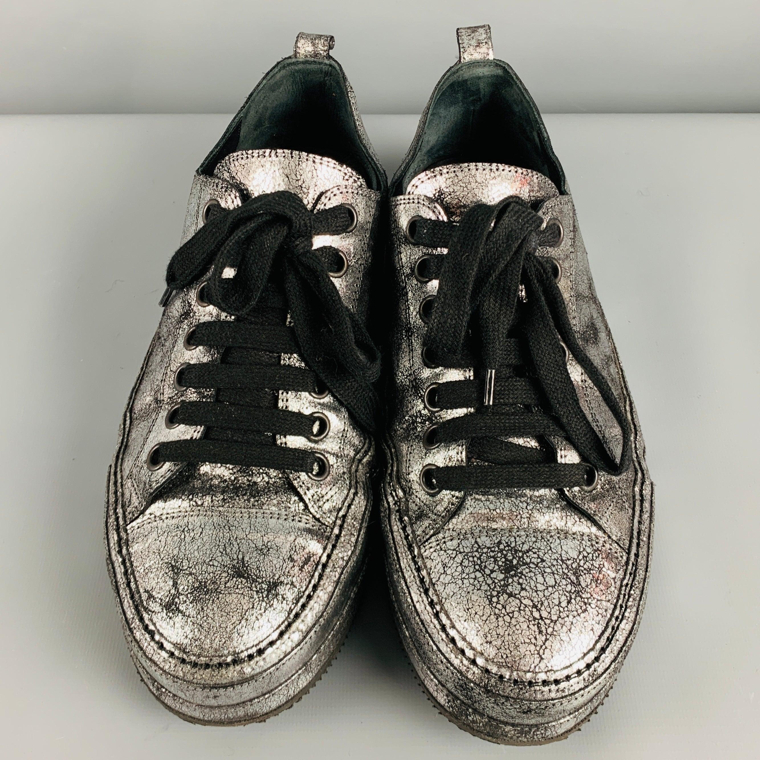 Men's ANN DEMEULEMEESTER Size 9 Silver Black Metallic Leather Lace Up Sneakers For Sale