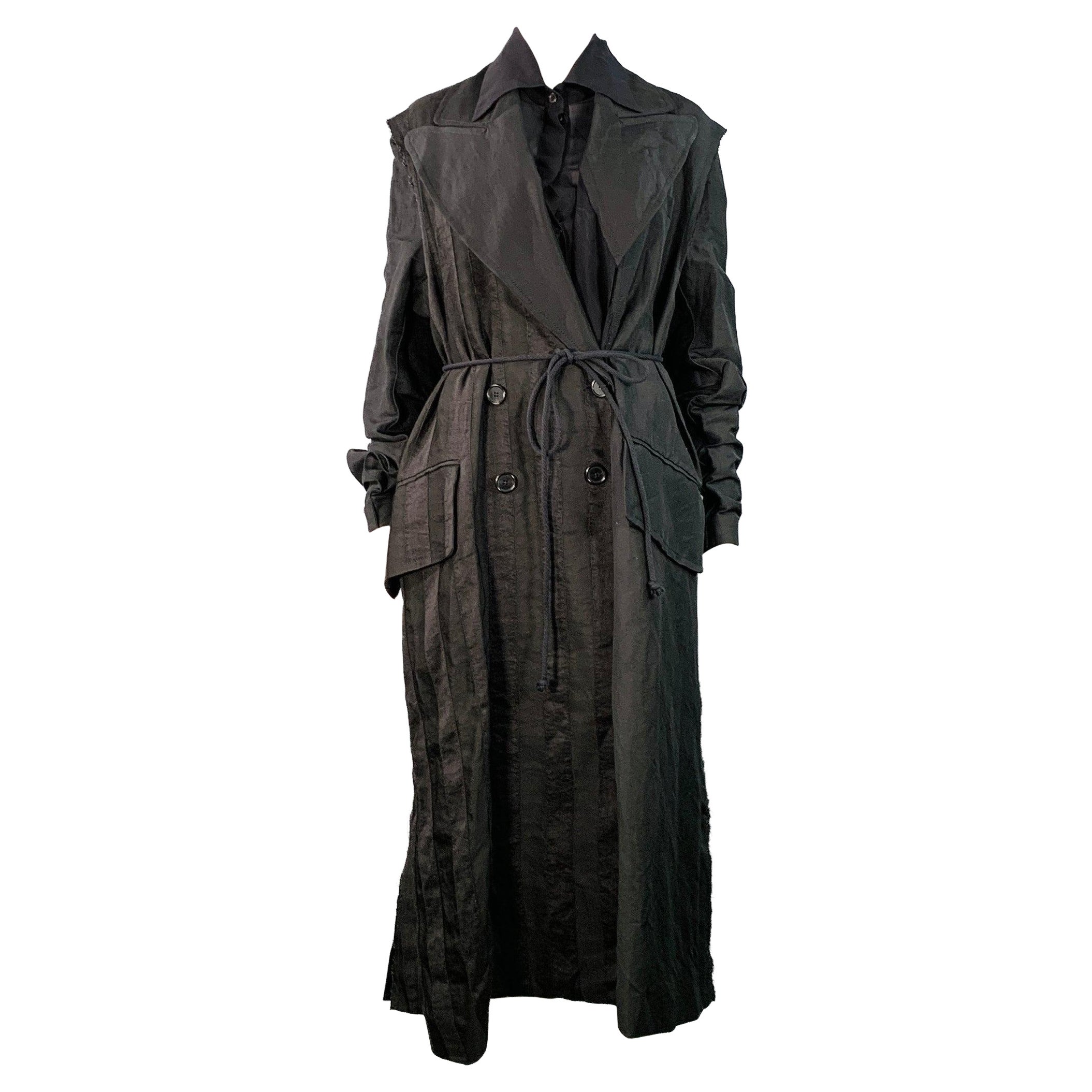 Ann Demeulemeester Taglia S Cappotto trench doppiopetto a righe in misto lino nero in vendita