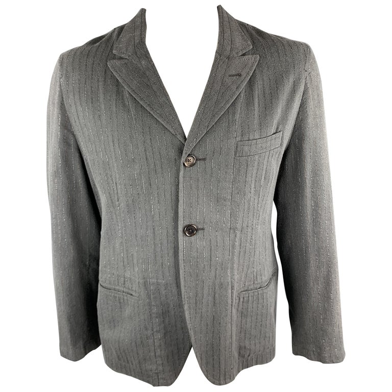 ANN DEMEULEMEESTER Size XL Grey Stripe Cotton Blend Peak Lapel Jacket ...