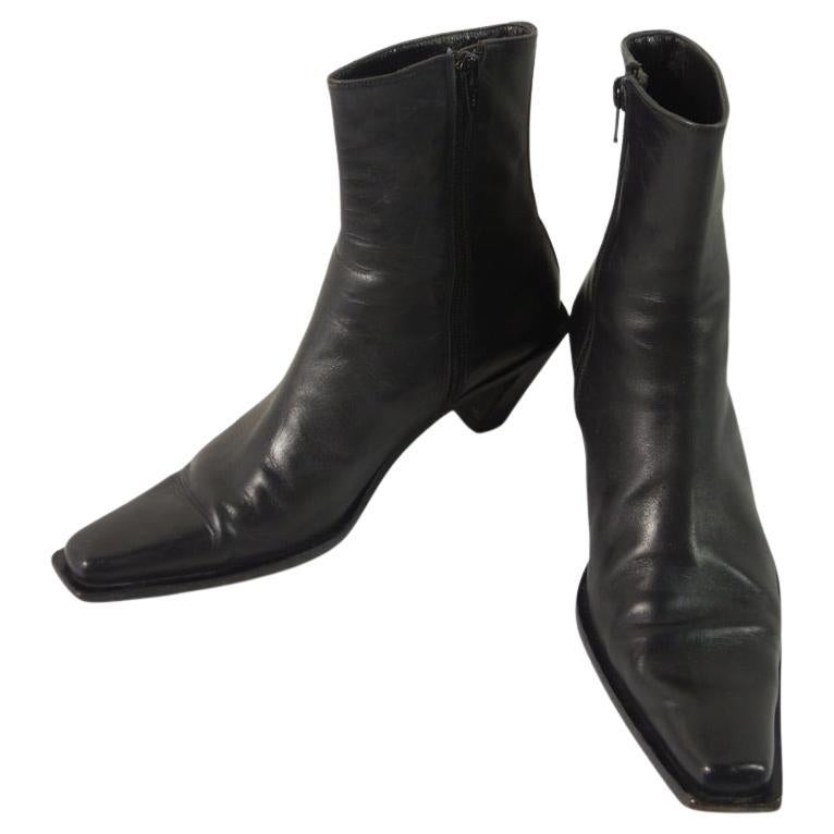 Women's Ann Demeulemeester Slant Heel Black Leather Boots For Sale