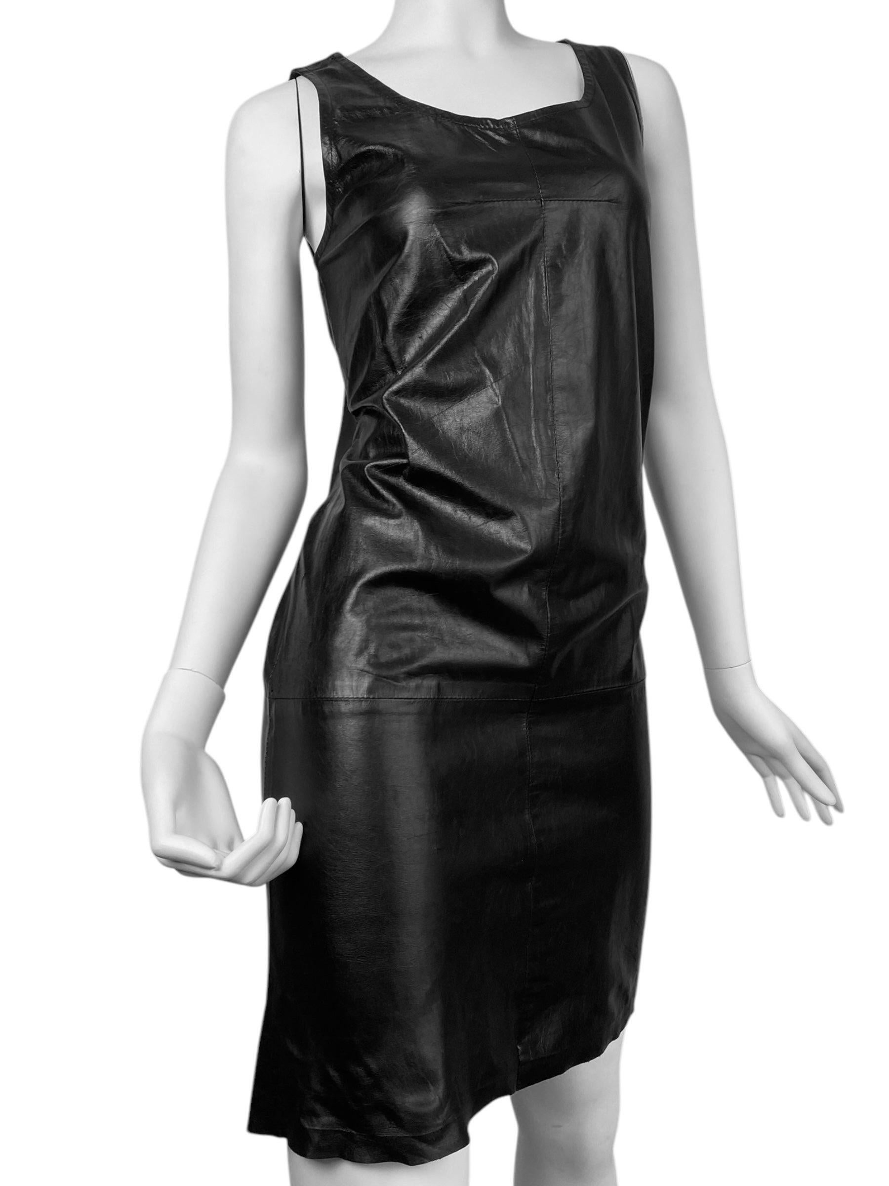 Women's ANN DEMEULEMEESTER Ss2002 BLACK LEATHER STRAIGHT CUT DRESS For Sale