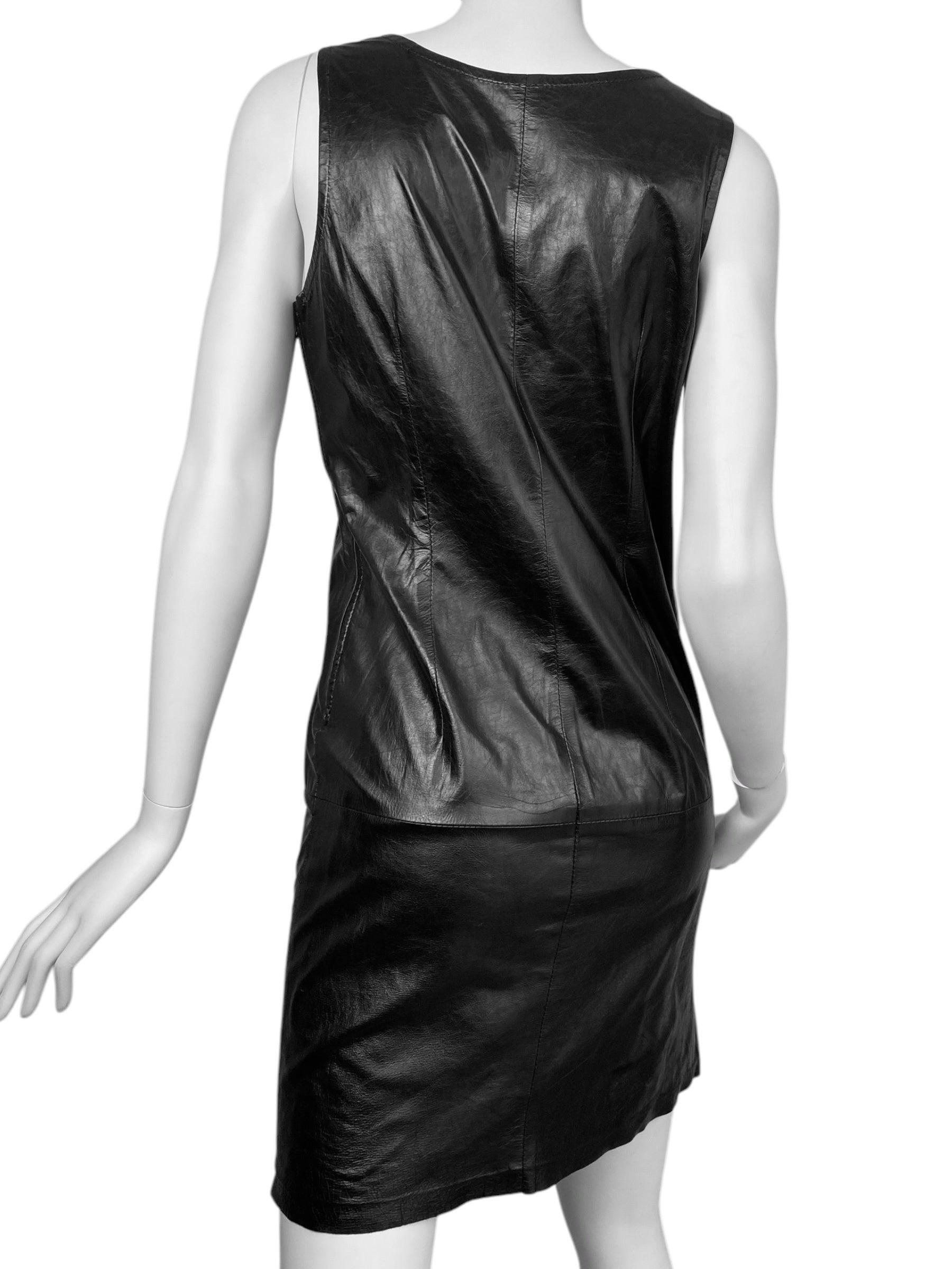 ANN DEMEULEMEESTER Ss2002 BLACK LEATHER STRAIGHT CUT DRESS For Sale 3
