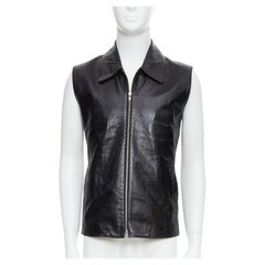 Ann Demeulemeester Gilet vintage en cuir véritable noir avec fermeture éclair argentée sur le devant S