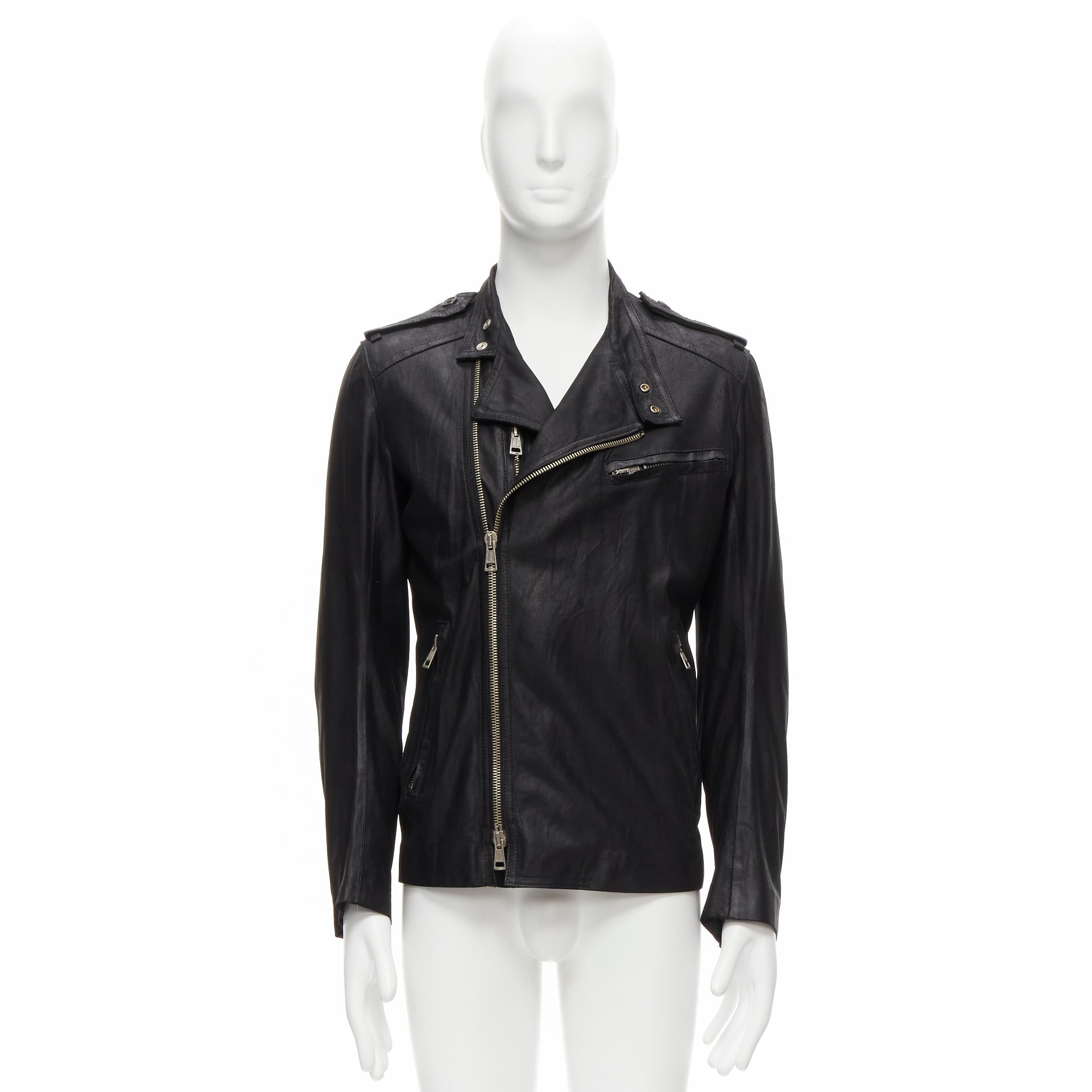ANN DEMEULEMEESTER Vintage black washed distressed leather biker jacket XS For Sale 7