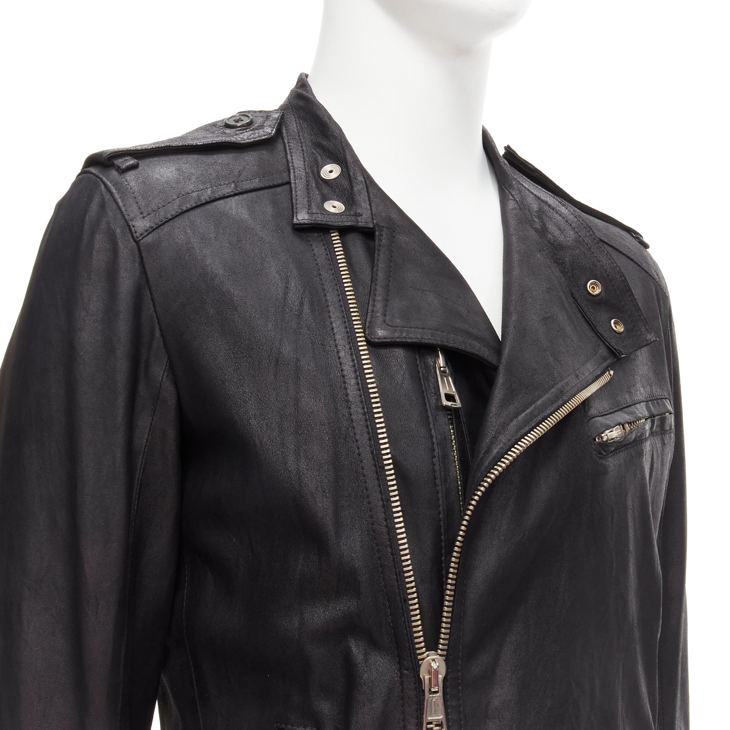 ANN DEMEULEMEESTER Vintage black washed distressed leather classic moto biker jacket XS
Reference: BMPA/A00257
Brand: Ann Demeulemeester
Designer: Ann Demeulemeester
Material: Leather
Color: Black
Pattern: Solid
Closure: Zip
Lining: Black