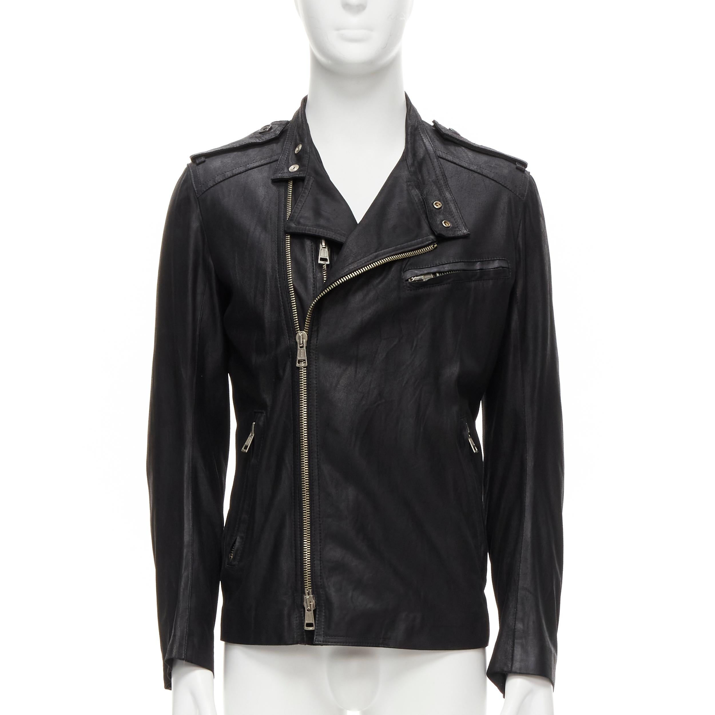 Black ANN DEMEULEMEESTER Vintage black washed distressed leather biker jacket XS For Sale