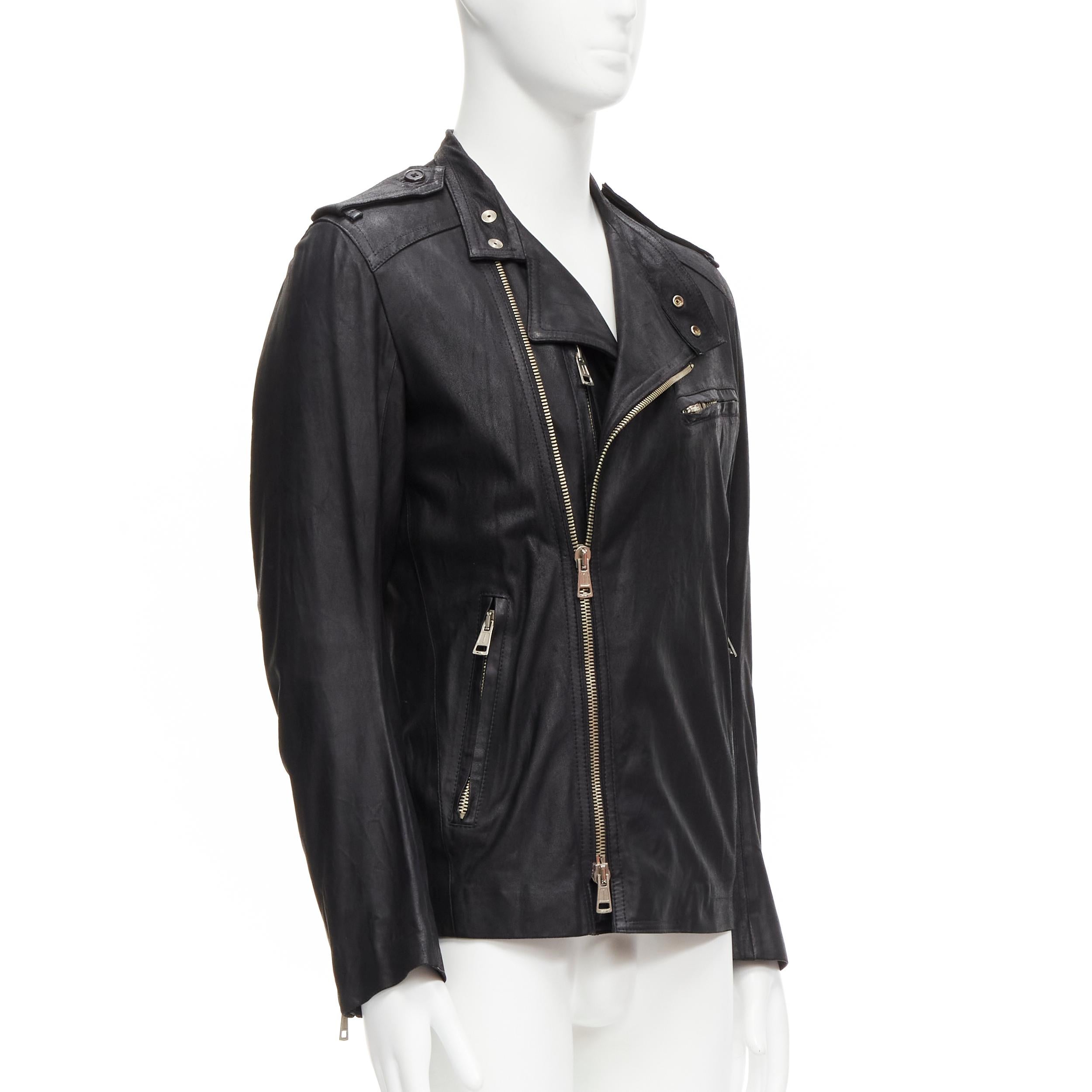 ANN DEMEULEMEESTER Vintage black washed distressed leather biker jacket XS For Sale 2