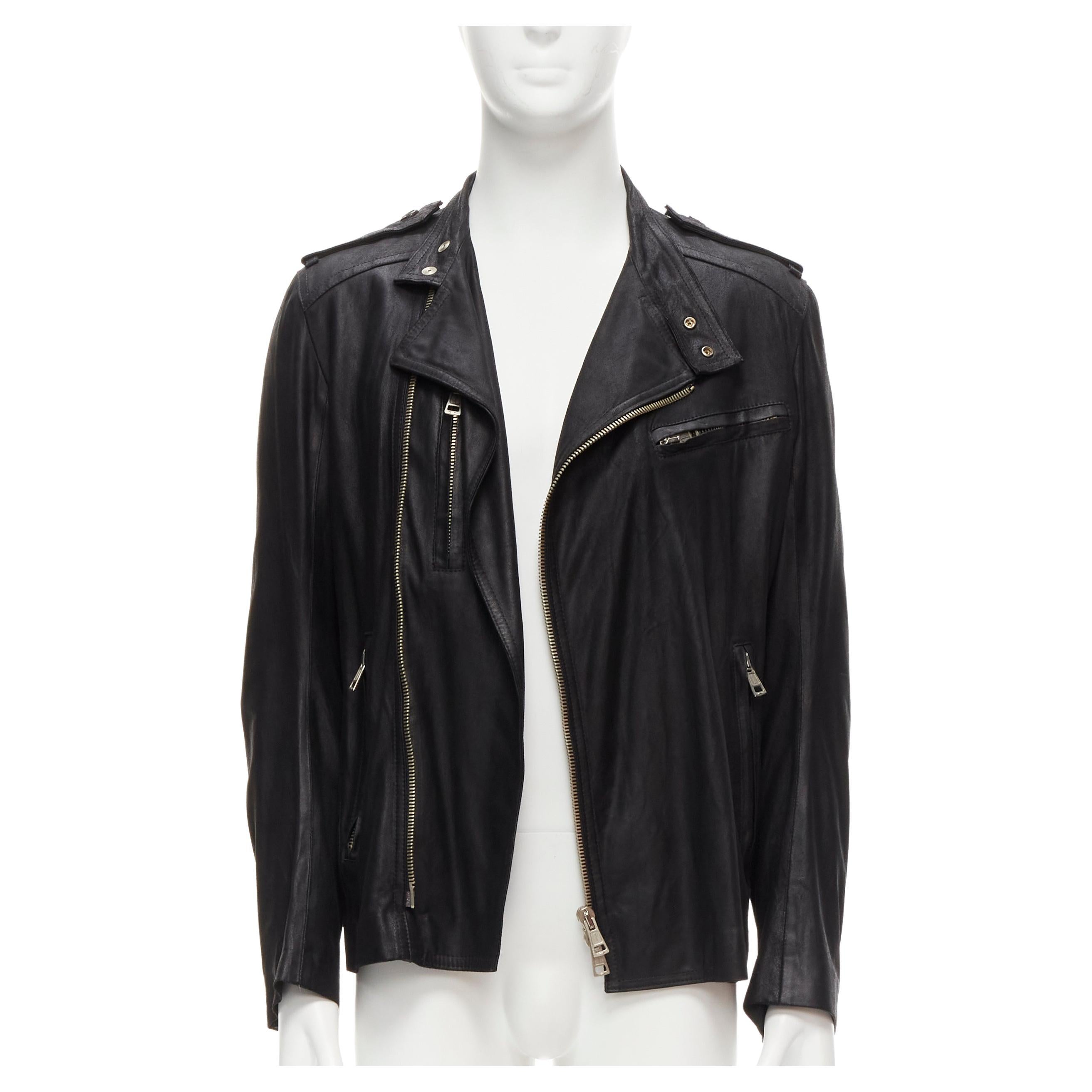 ANN DEMEULEMEESTER Vintage black washed distressed leather biker jacket XS For Sale