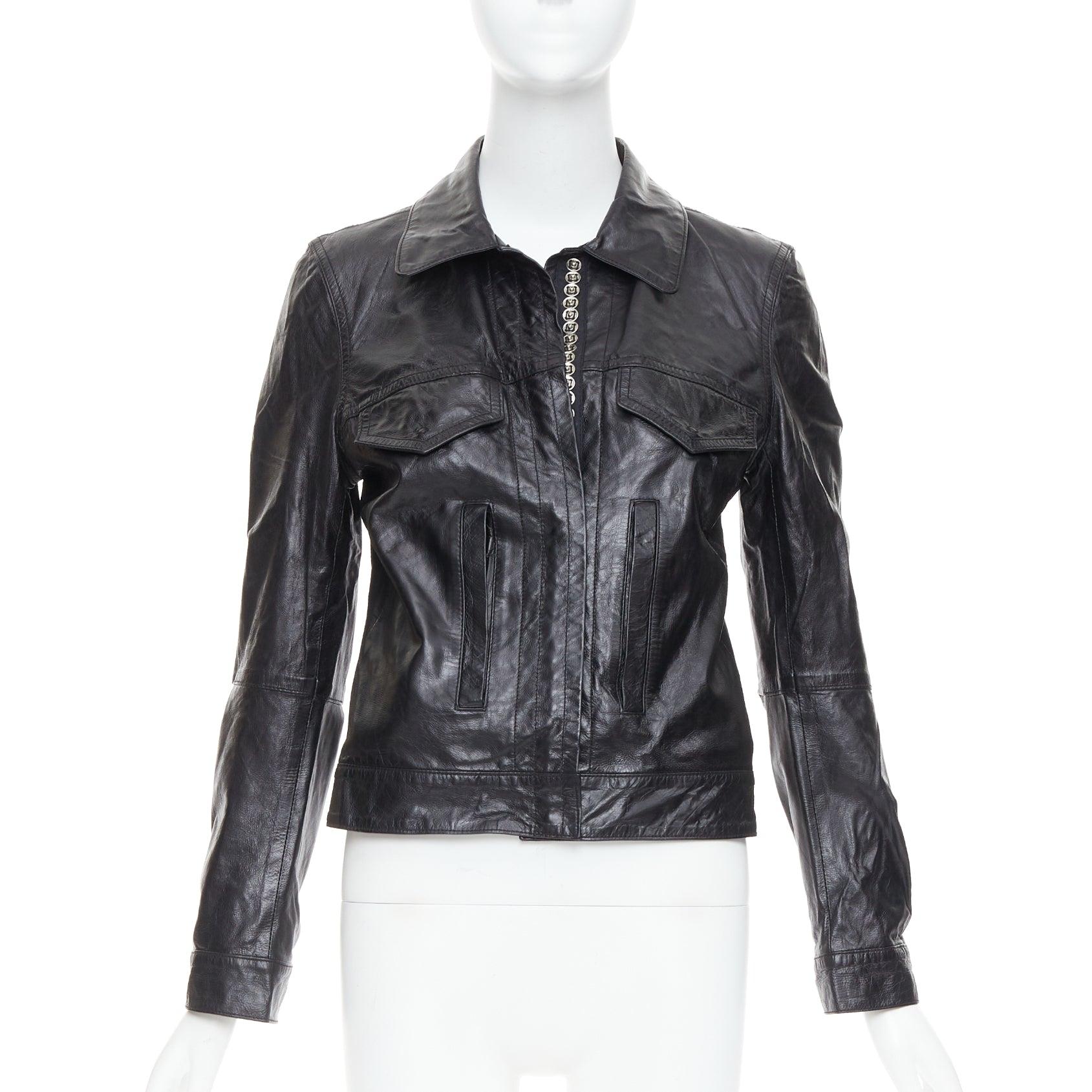 Black ANN DEMEULEMEESTER Vintage cow leather snap button cropped jacket FR36 S For Sale