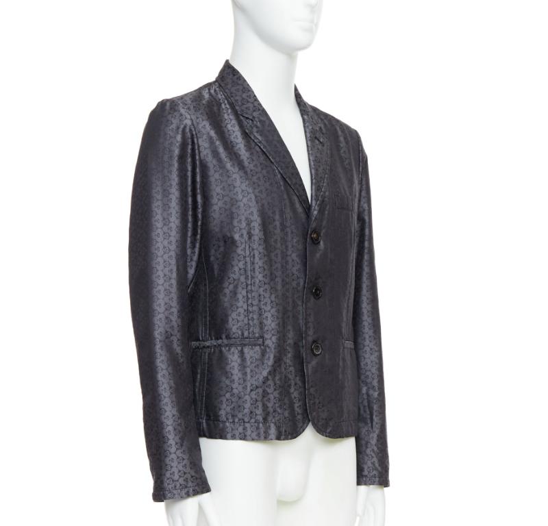 Black ANN DEMEULEMEESTER Vintage grey silk blend geometric floral brocade blazer M For Sale