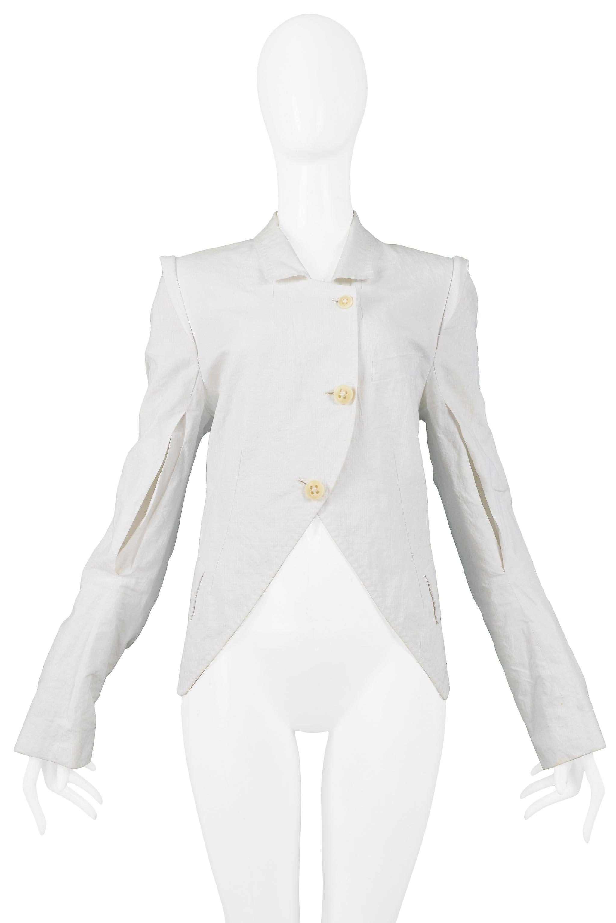 Gray Ann Demeulemeester White Cotton Slit Sleeve Jacket For Sale