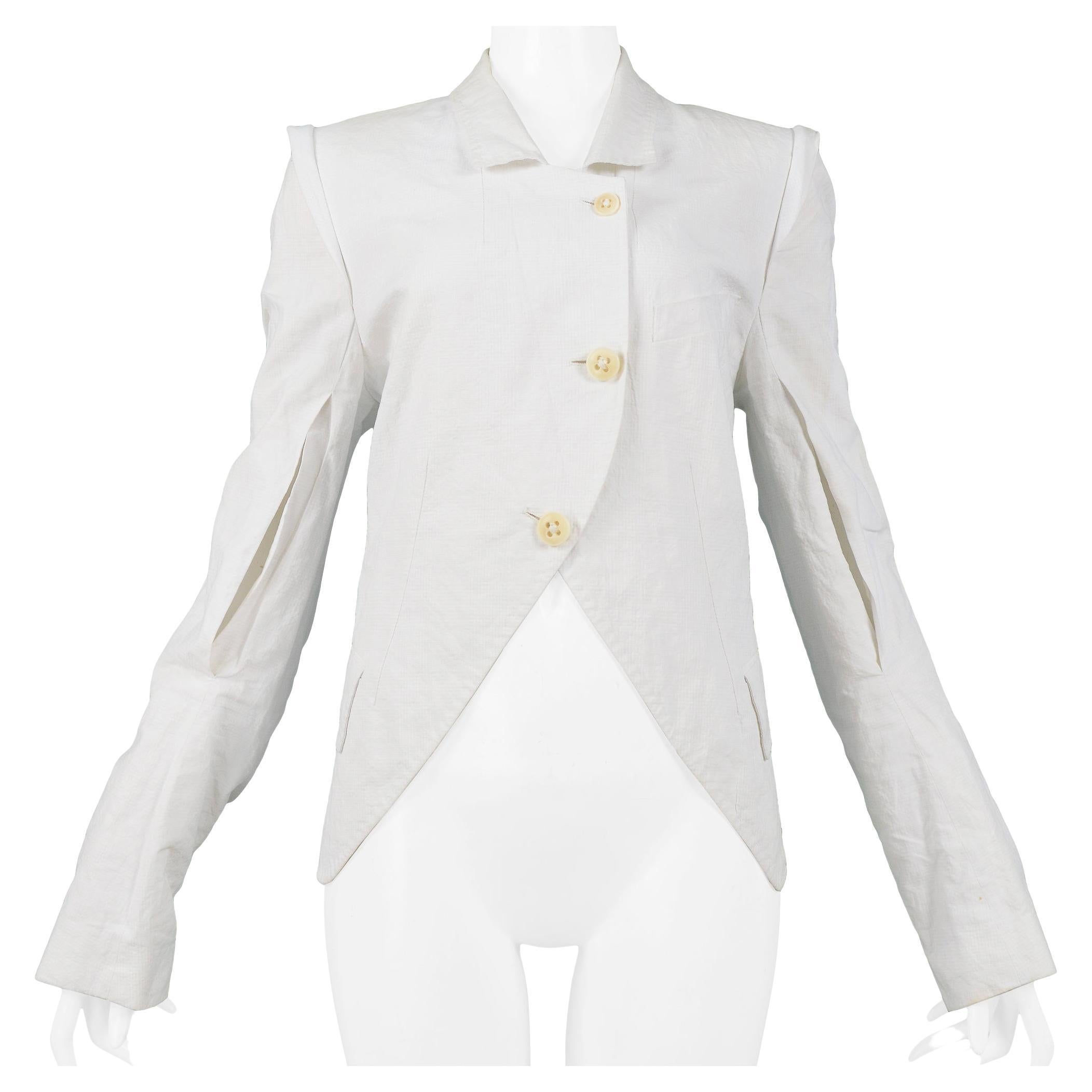 Ann Demeulemeester White Cotton Slit Sleeve Jacket For Sale
