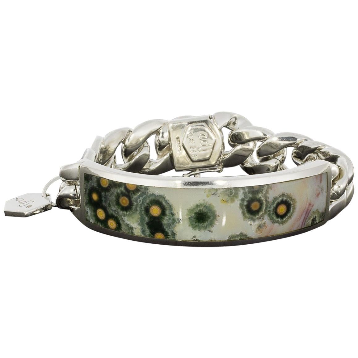 Ann Dexter Jones Sterling Silver Agate ID Style Curb Link Bracelet For Sale