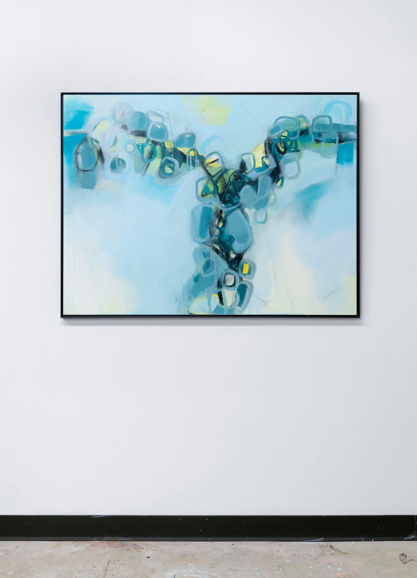 Jewels in a Rumbling Mist, Original Framed Contemporary Teal Abstract Painting For Sale 3