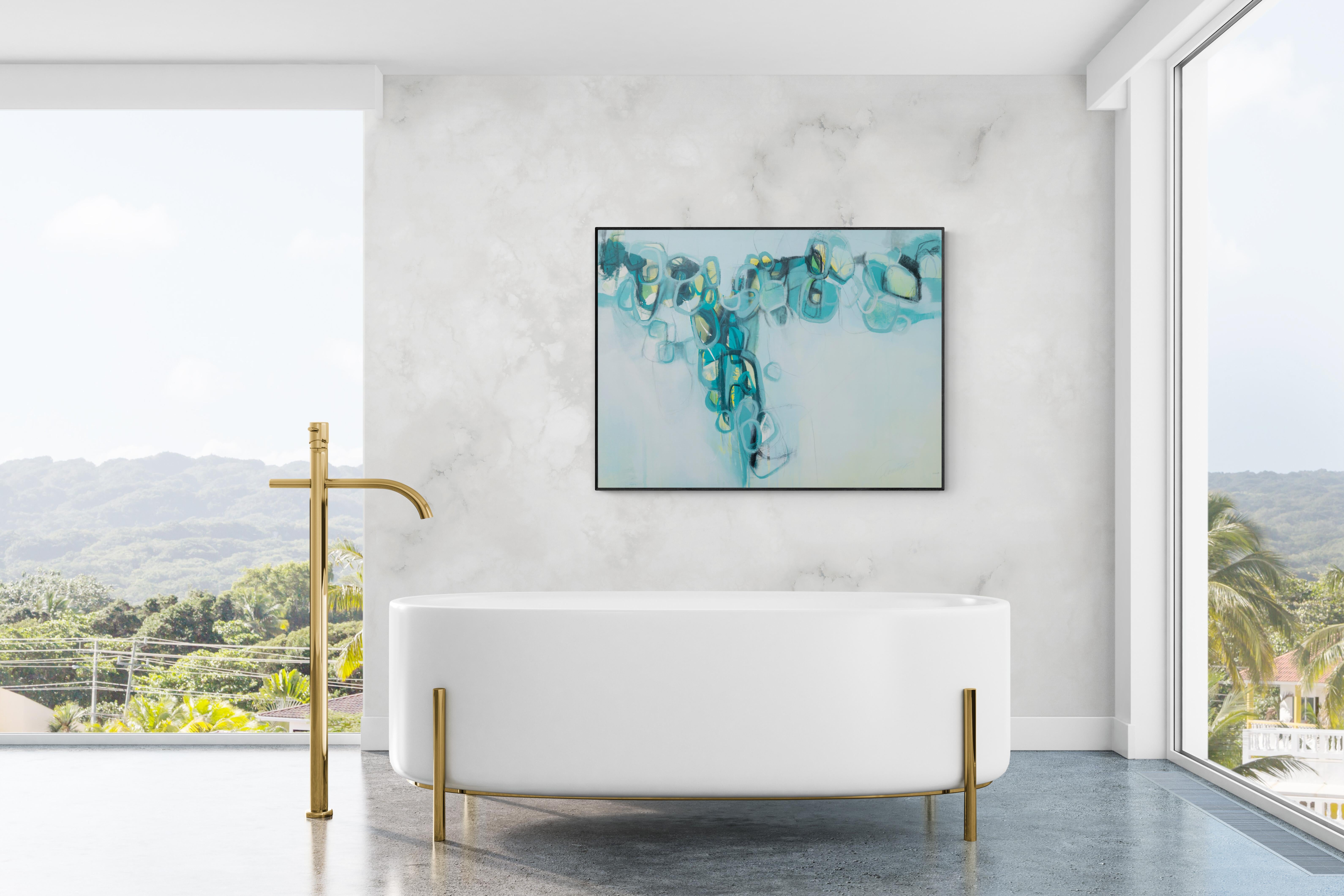 Jewels in a Rumbling Mist, Original Framed Contemporary Teal Abstract Painting For Sale 4