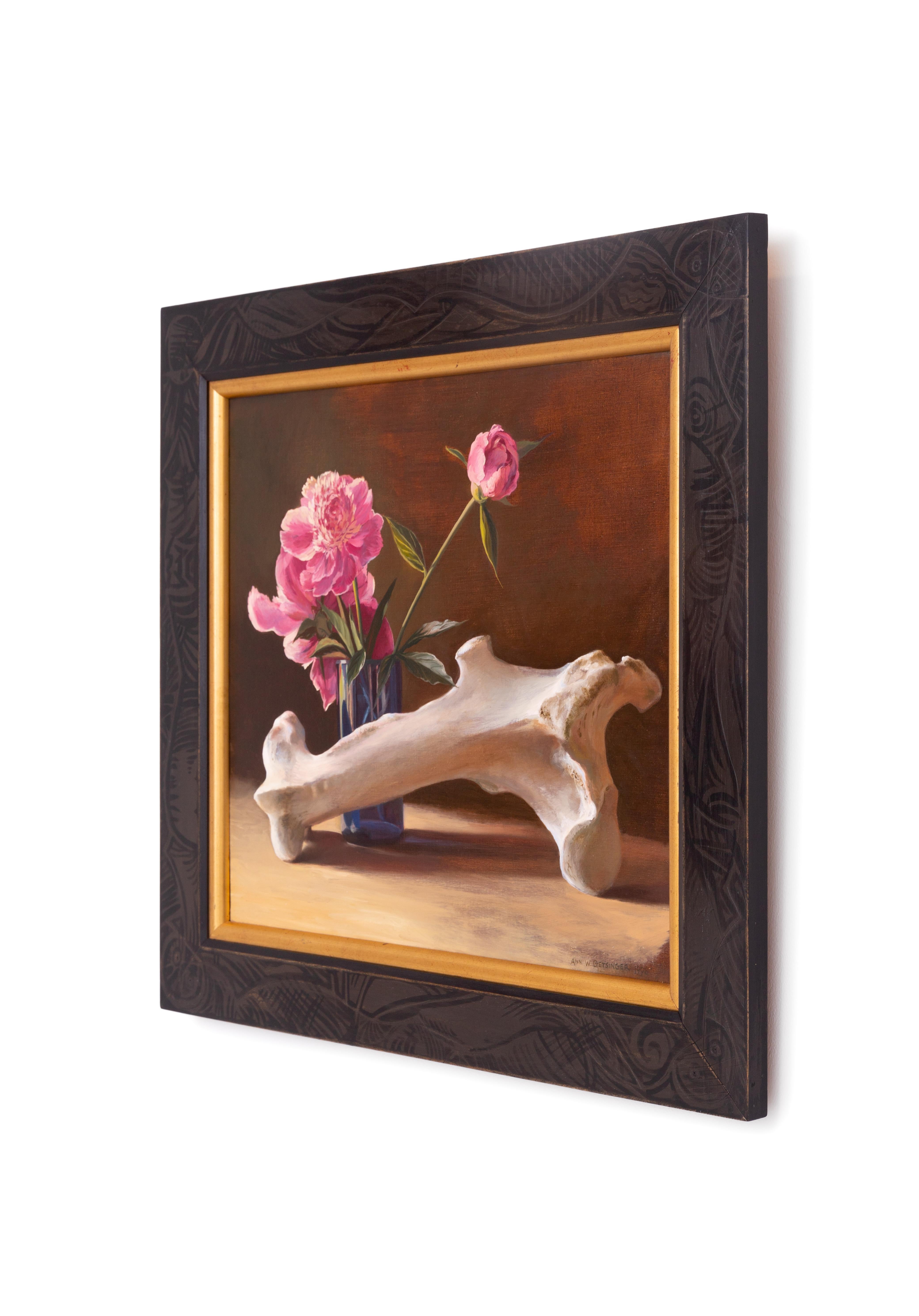 Cow Bone and Peonies (Surreal Still life with earth tones and pink and purple) - Painting by Ann Getsinger