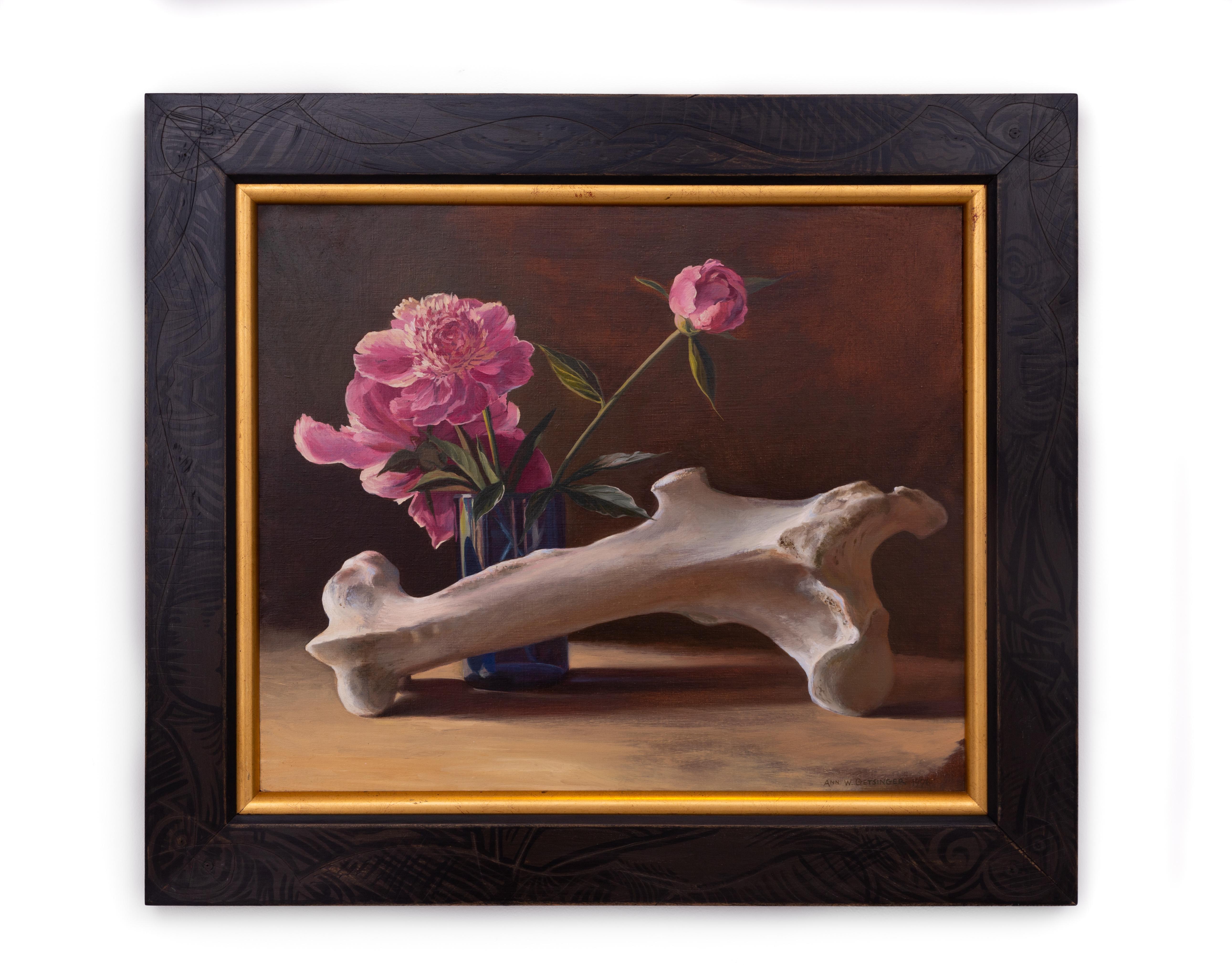 Cow Bone and Peonies (Surreal Still life with earth tones and pink and purple) - Contemporary Painting by Ann Getsinger