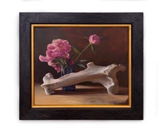 Vintage Cow Bone and Peonies (Surreal Still life with earth tones and pink and purple)