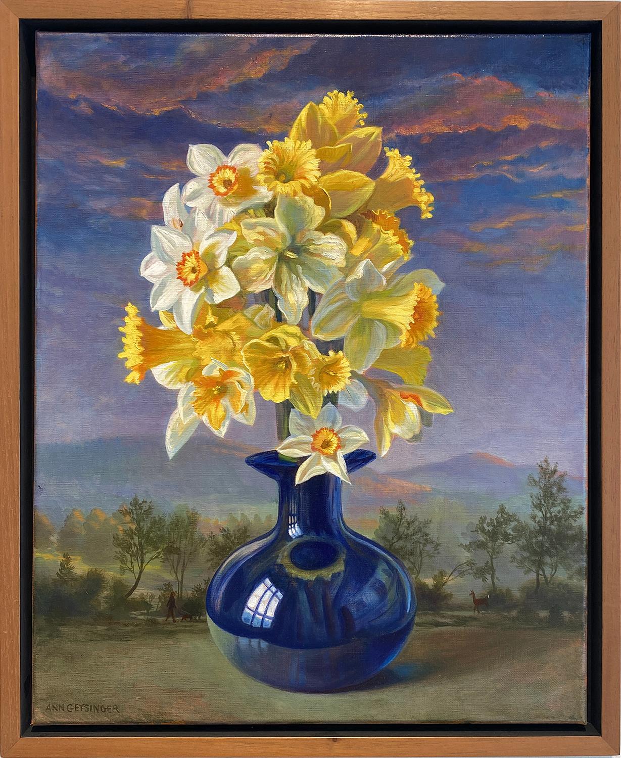 Daffodil Sunset (Yellow Daffodil Still Life in Blue Vase against Moody Sunset) For Sale 5