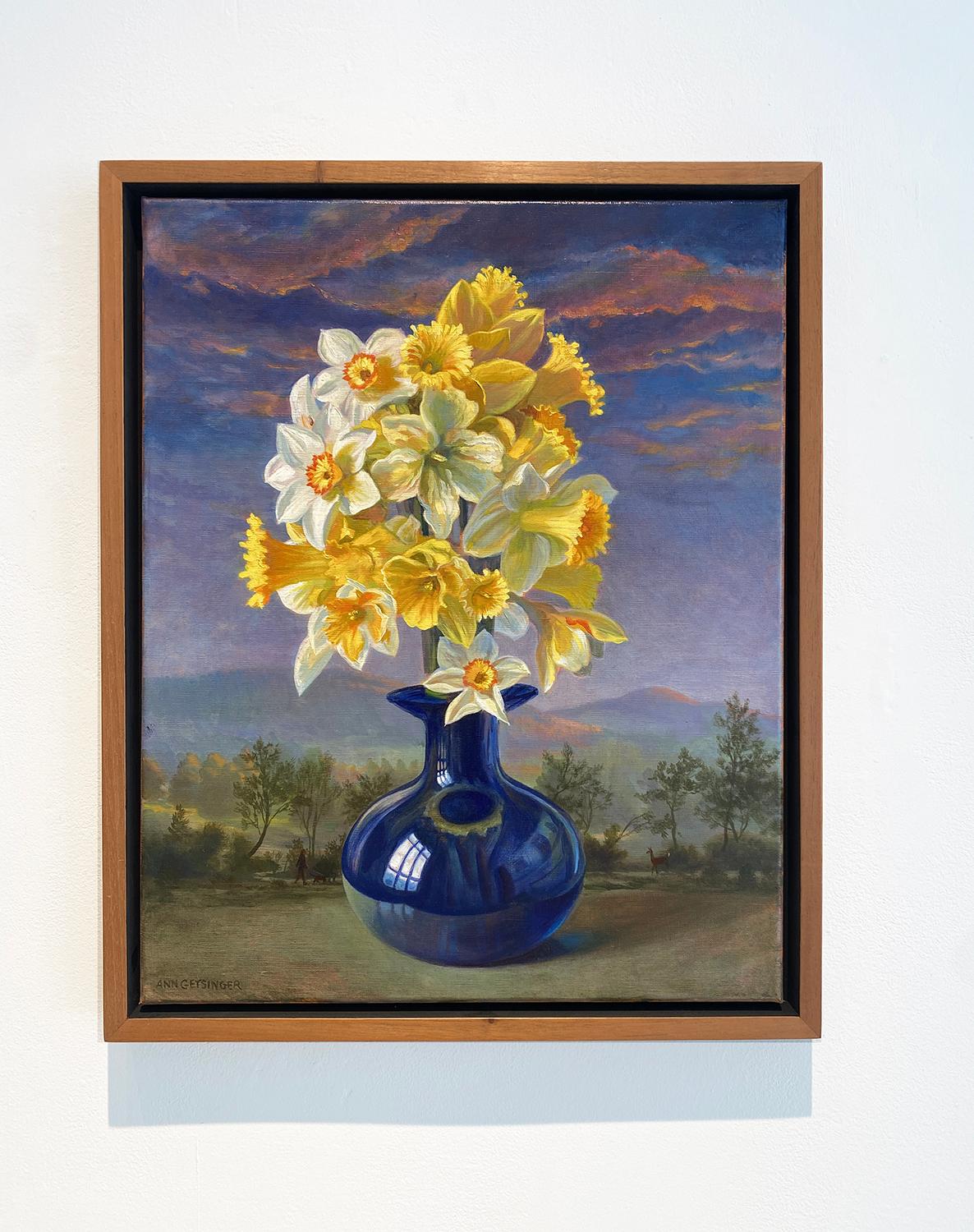 Daffodil Sunset (Yellow Daffodil Still Life in Blue Vase against Moody Sunset) For Sale 6