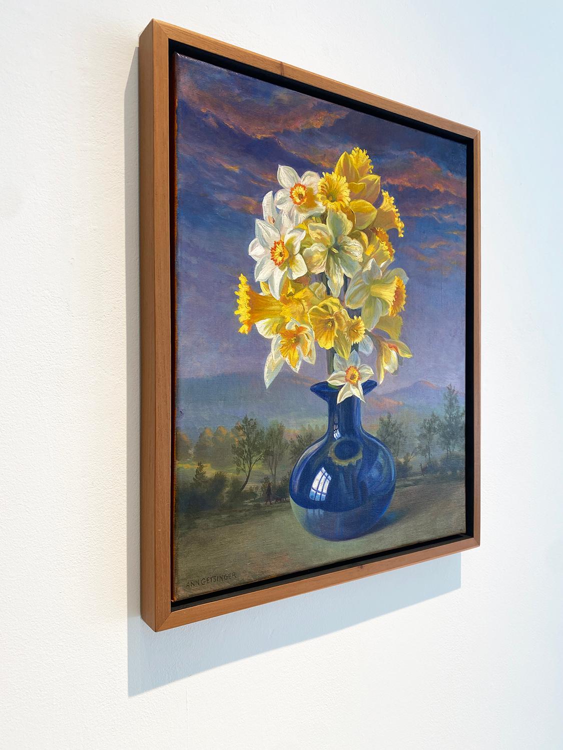 Daffodil Sunset (Yellow Daffodil Still Life in Blue Vase against Moody Sunset) For Sale 7