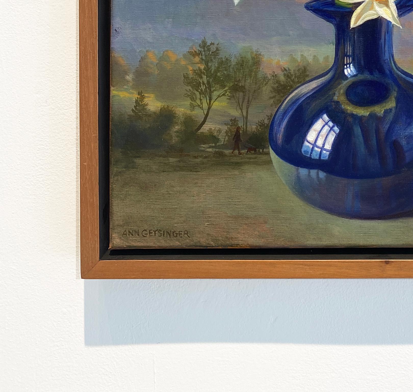 Daffodil Sunset (Yellow Daffodil Still Life in Blue Vase against Moody Sunset) For Sale 8