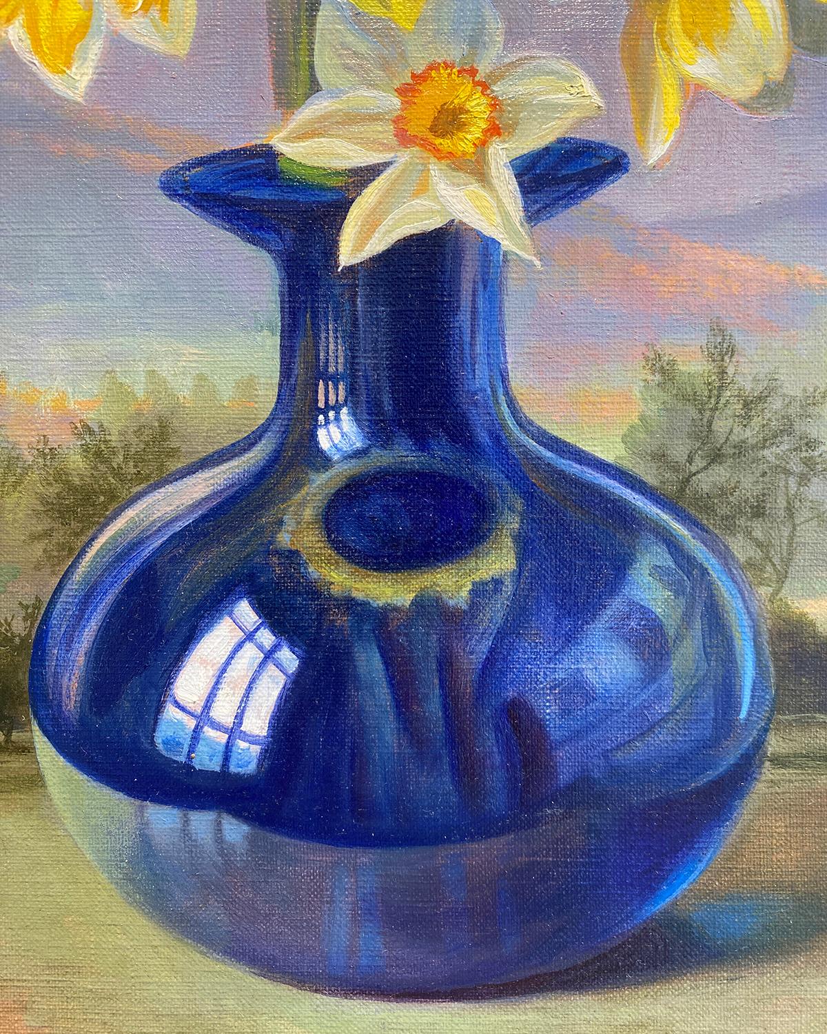 Daffodil Sunset (Yellow Daffodil Still Life in Blue Vase against Moody Sunset) - Painting by Ann Getsinger