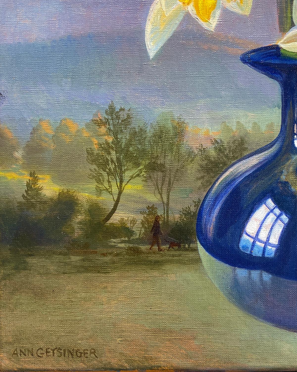 Daffodil Sunset (Yellow Daffodil Still Life in Blue Vase against Moody Sunset) - Realist Painting by Ann Getsinger