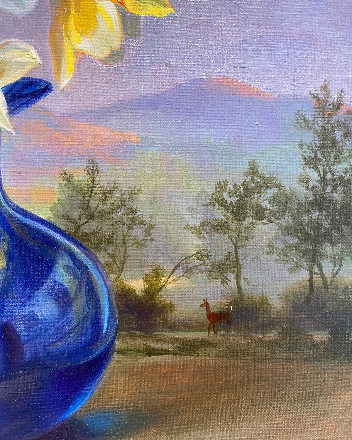 Daffodil Sunset (Yellow Daffodil Still Life in Blue Vase against Moody Sunset) - Gray Landscape Painting by Ann Getsinger