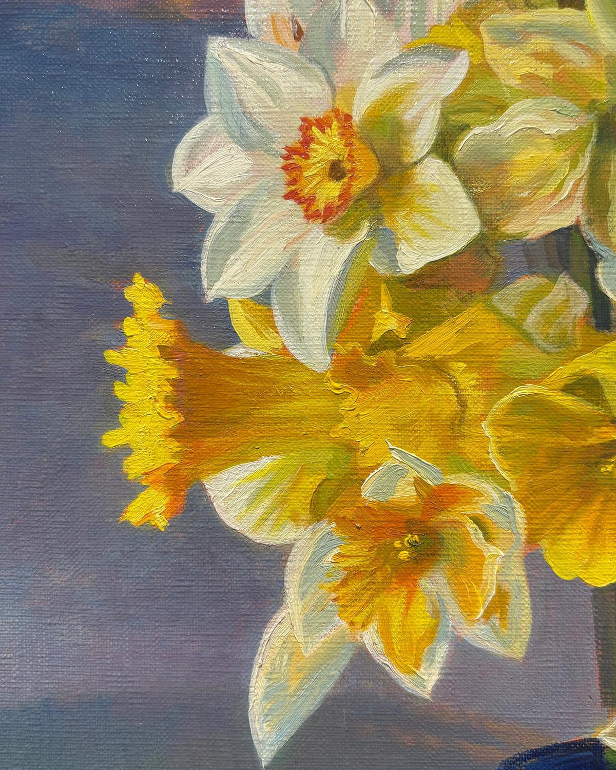 Daffodil Sunset (Realistic Bright Yellow Daffodil Still Life in Blue Vase against Moody Sunset)
Made is 2021, by Berkshire based artist Ann Getsinger 
oil on linen, 20 x 16 inches
Signed, lower left

Ann Getsinger is an oil painter with a home and