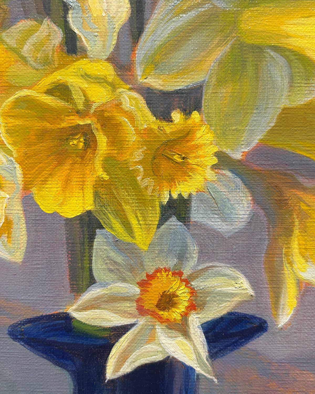 Daffodil Sunset (Yellow Daffodil Still Life in Blue Vase against Moody Sunset) For Sale 1