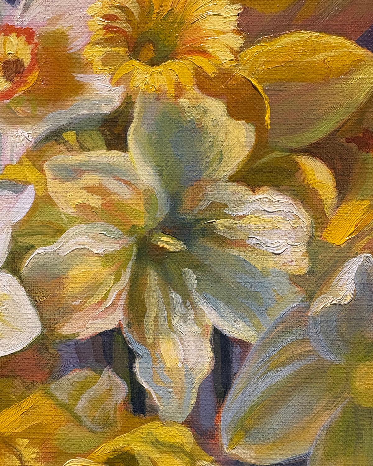 Daffodil Sunset (Yellow Daffodil Still Life in Blue Vase against Moody Sunset) For Sale 2