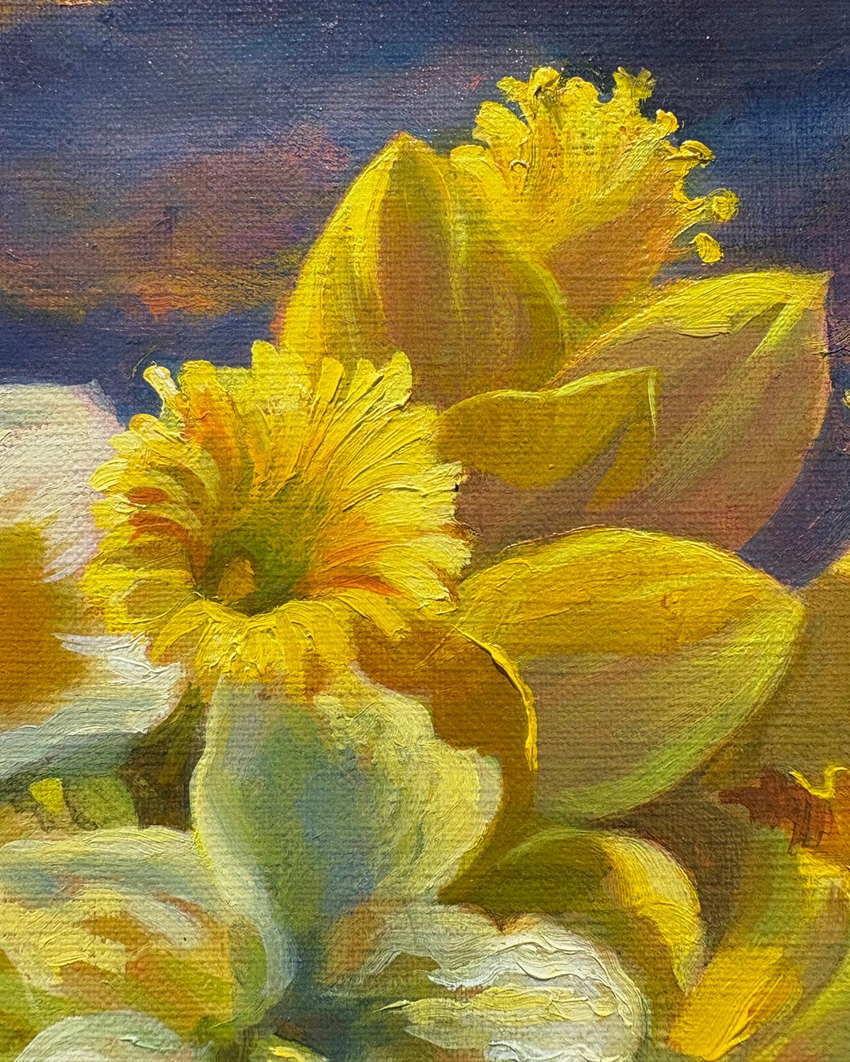 Daffodil Sunset (Yellow Daffodil Still Life in Blue Vase against Moody Sunset) For Sale 3
