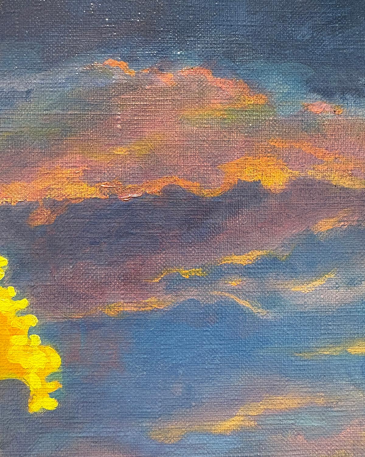 Daffodil Sunset (Yellow Daffodil Still Life in Blue Vase against Moody Sunset) For Sale 4