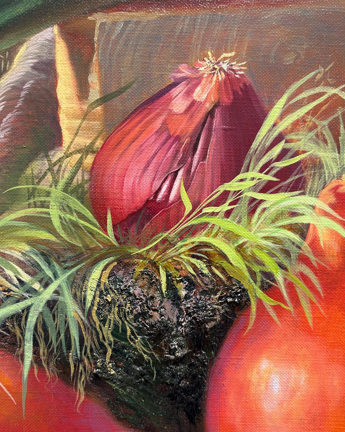 Terrenal (Pintura Naturaleza Muerta Cornucopia de Verduras de Verano y Otoño) - Still-Life Painting Marrón de Ann Getsinger