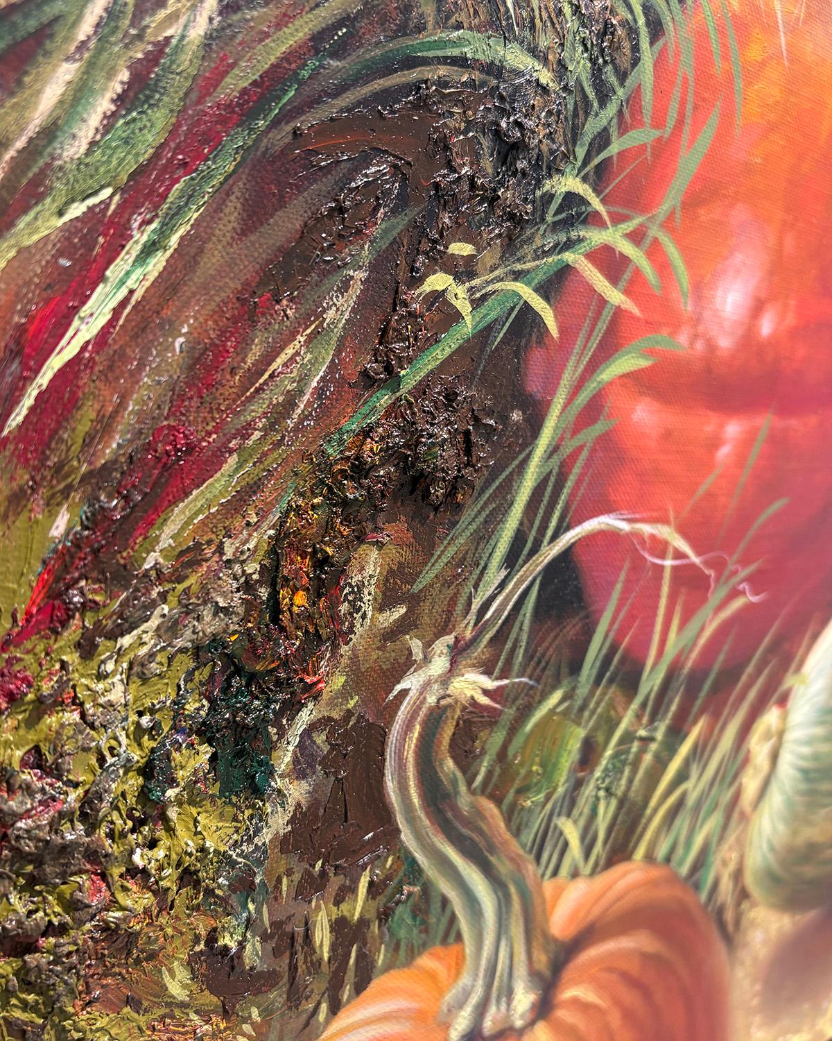 Terrenal (Naturaleza muerta Cornucopia de verduras de verano y otoño con detalle de Impasto)
48 x 36 pulgadas, óleo sobre lino

Firmado en la esquina inferior derecha

Ann Getsinger es una pintora al óleo con casa y estudio en la localidad rural de