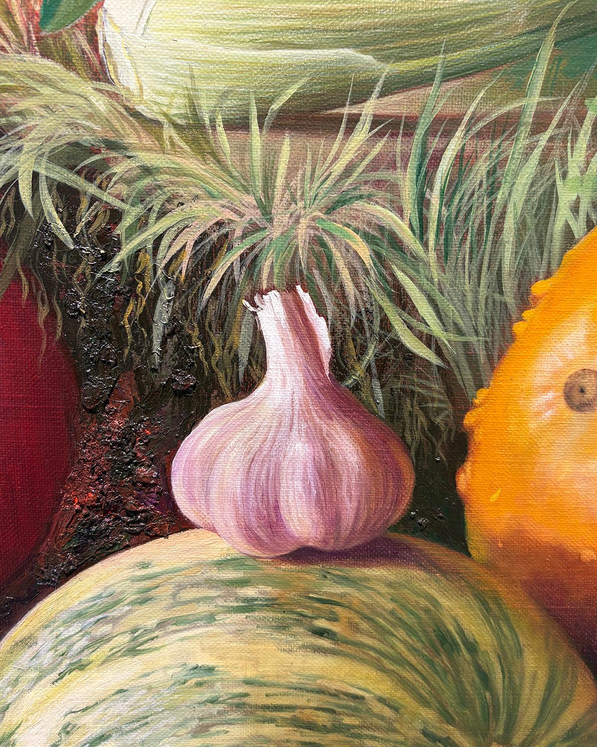 Terrenal (Pintura Naturaleza Muerta Cornucopia de Verduras de Verano y Otoño) en venta 1