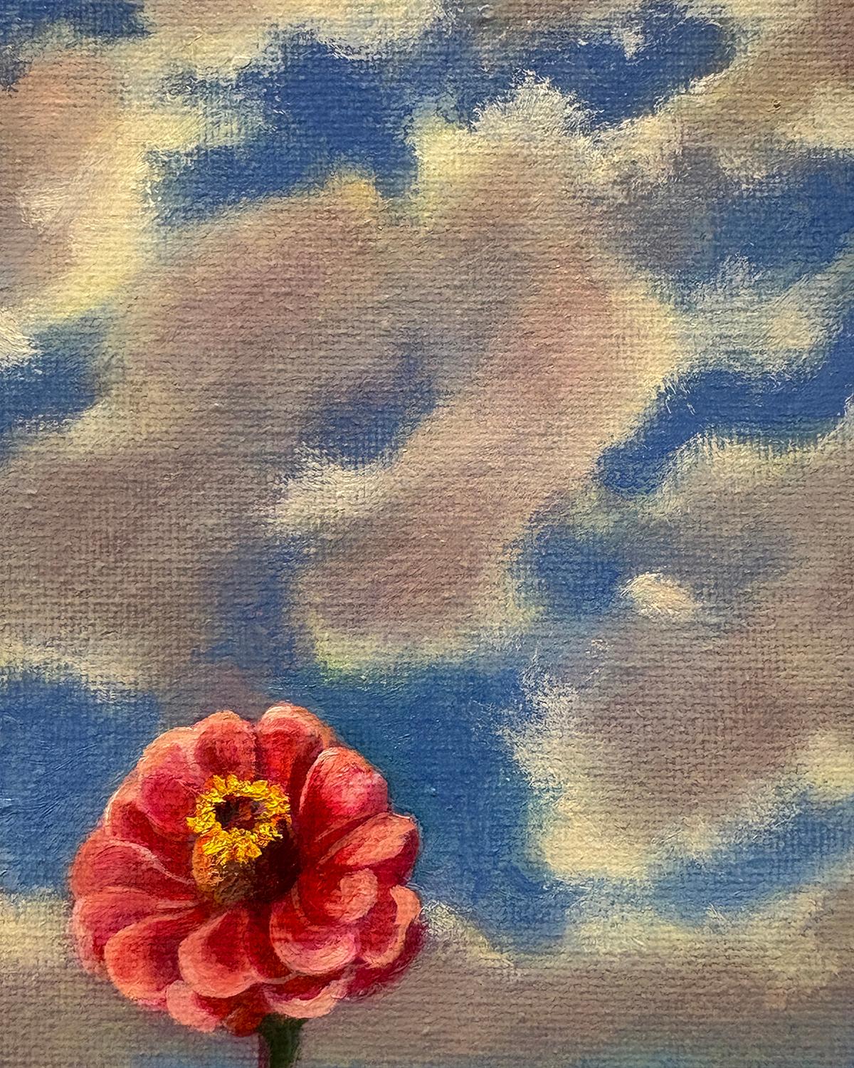 Herde und Zinnie (Rosa Zinnien-Stillleben mit Schafen und Wolkenlandschaft) im Angebot 5