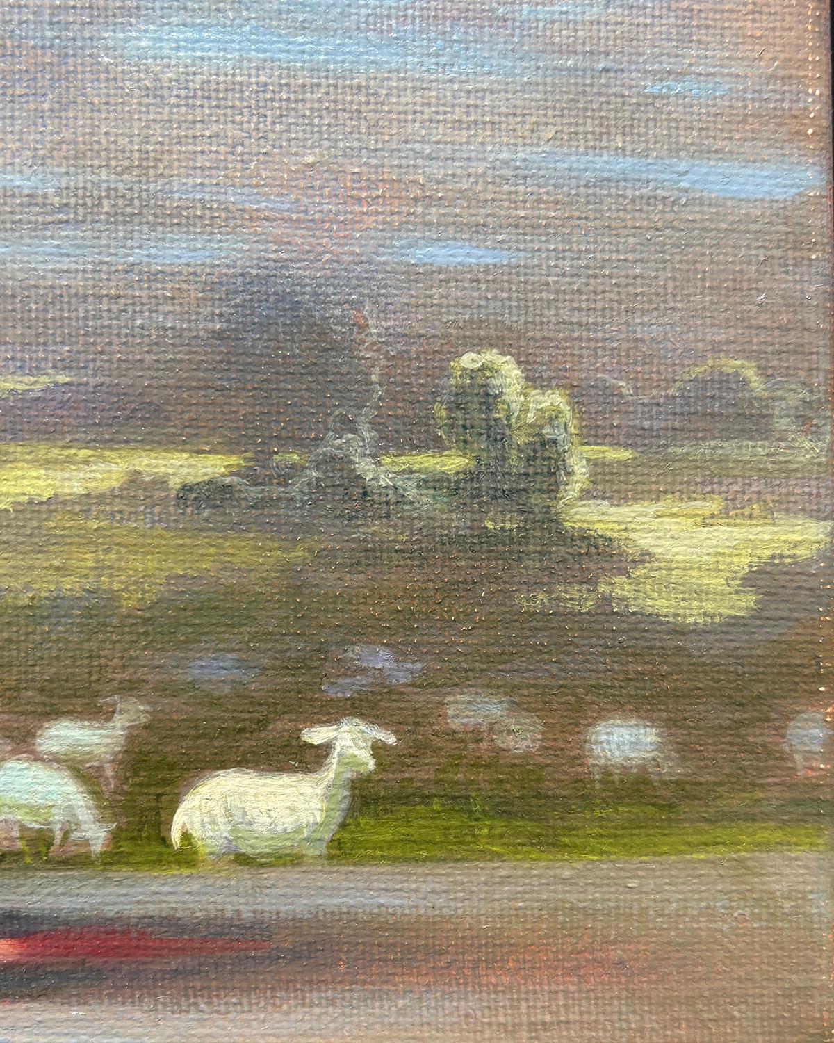 Herde und Zinnie (Rosa Zinnien-Stillleben mit Schafen und Wolkenlandschaft) im Angebot 1